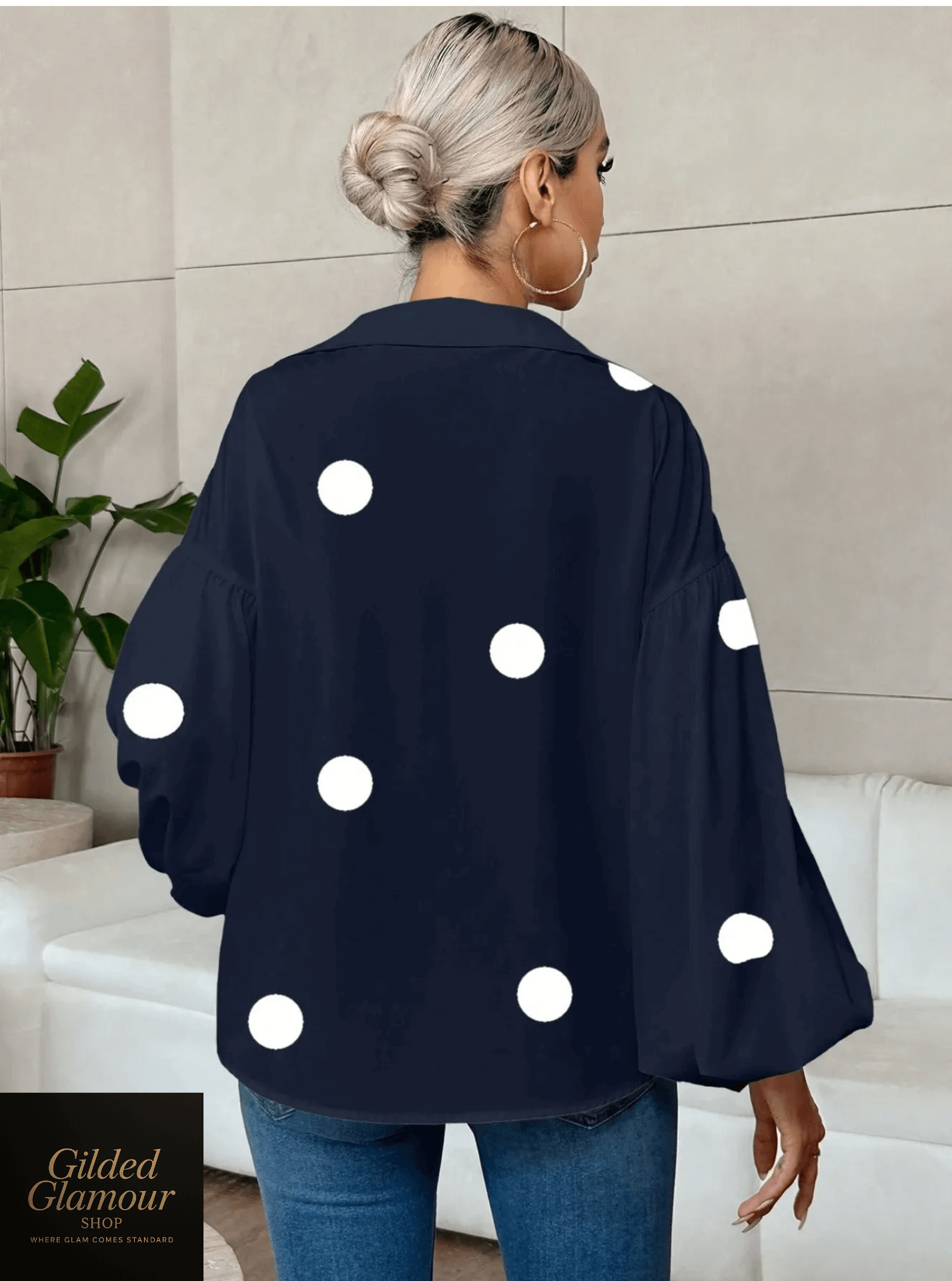 Polka Dot Balloon Sleeve Blouse