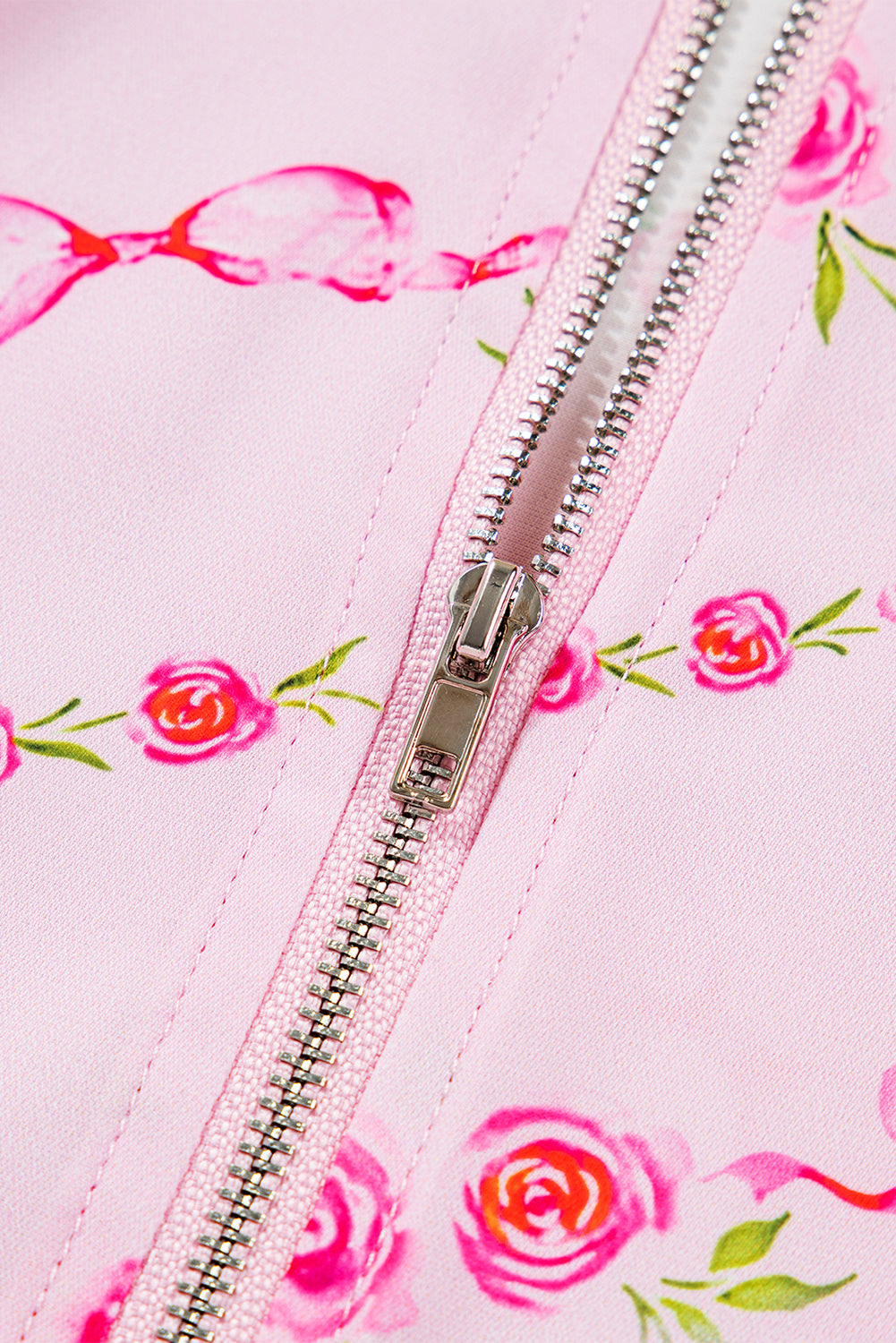 Pink Floral Print Half Zip Drawstring Hoodie Kangaroo Pouch