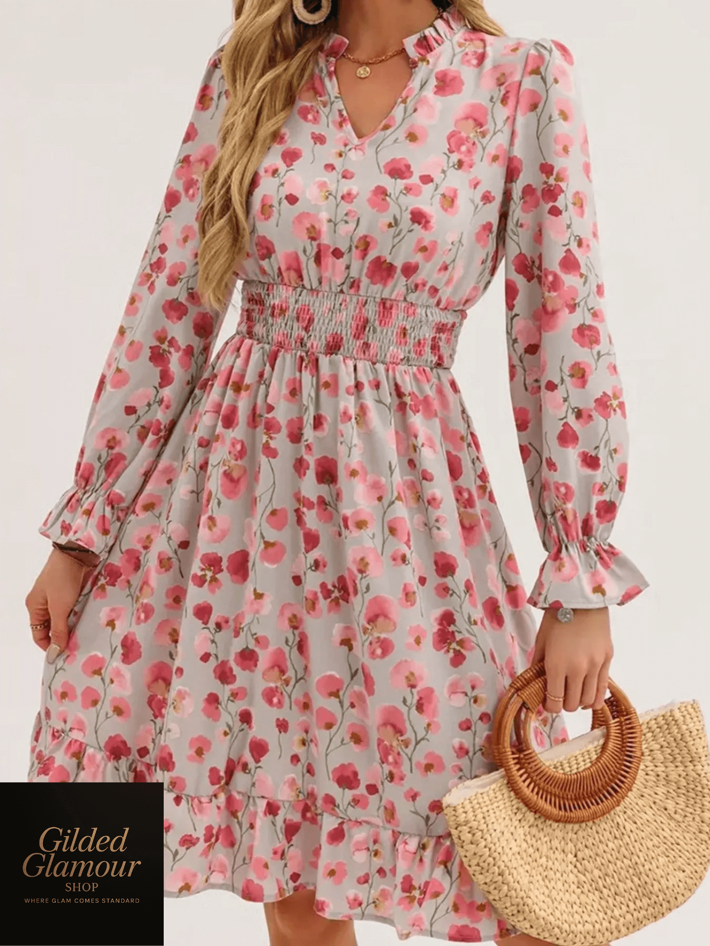 Vestido elegante con estampado floral, mangas con volantes y dobladillo con volantes
