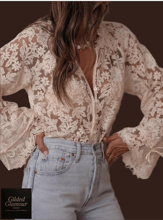 Lace Button Up Long Sleeve Shirt