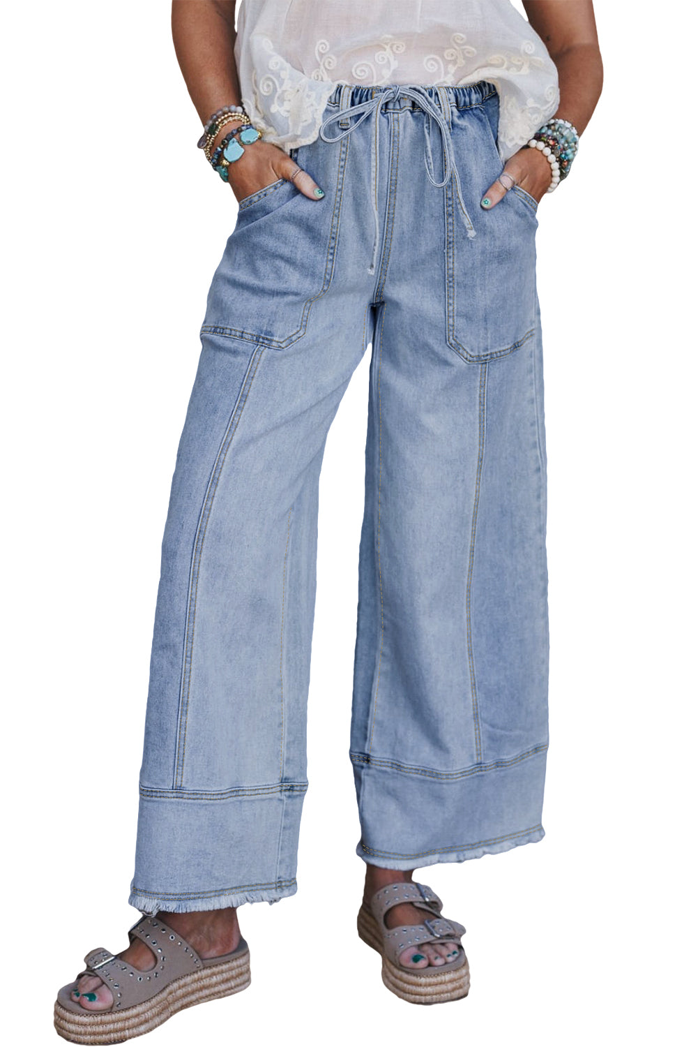 Beau Blue Drawstring Wide Leg Jeans with Raw Hem Detail