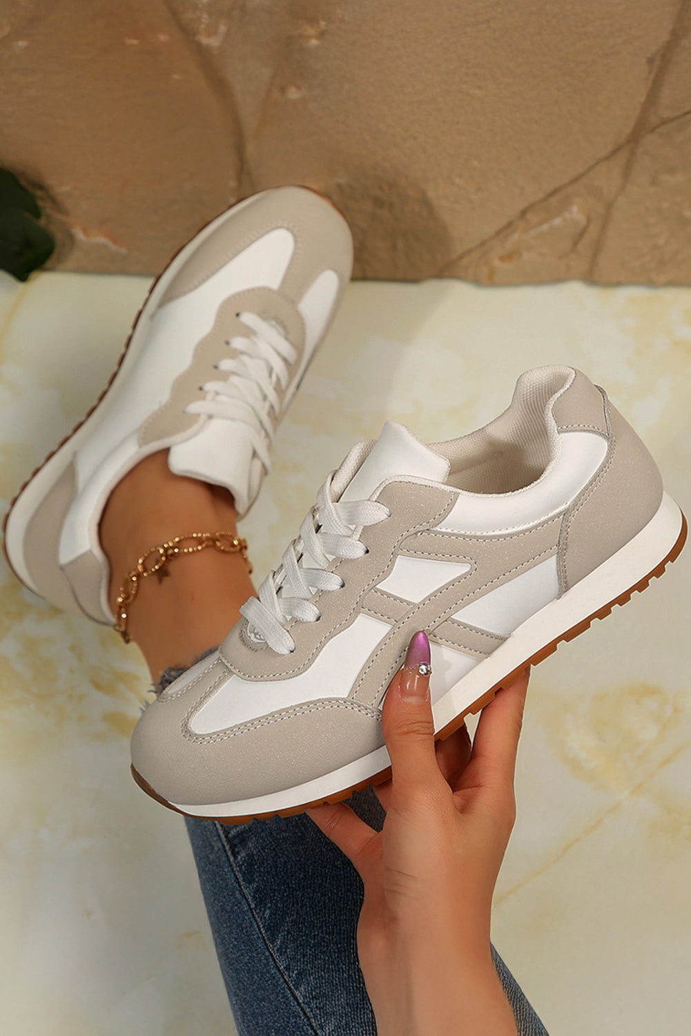 Oatmeal PU Leather Lace Up Round Toe Sneakers Comfort Fit- Preorder now. Ships 9/13