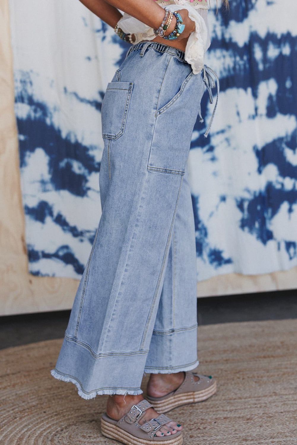 Beau Blue Drawstring Wide Leg Jeans with Raw Hem Detail