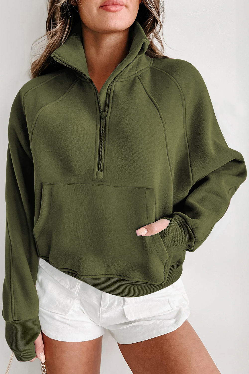 Green Zip Stand Collar Ribbed Thumbhole Sleeve Sweatshirt