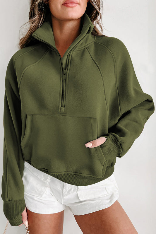 Green Zip Stand Collar Ribbed Thumbhole Sleeve Sweatshirt
