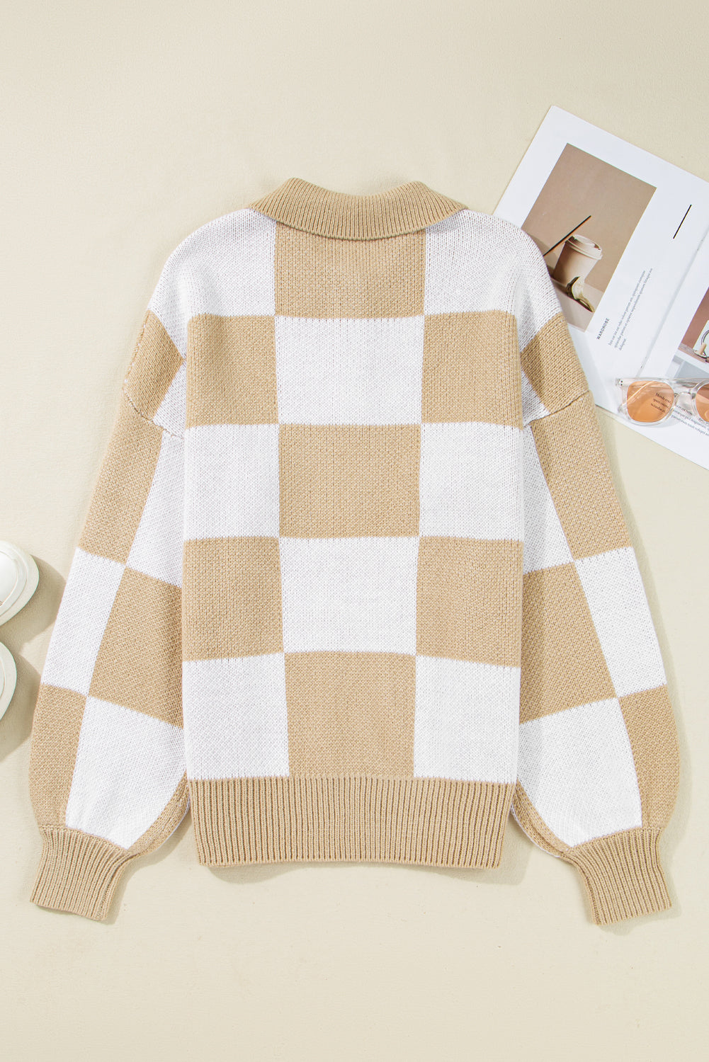 Grapefruit Orange Checkered V Neck Collared Sweater