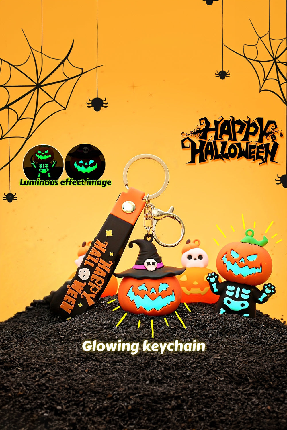 Orange Halloween Pumpkin Pendant Keychain With Metal Ring
