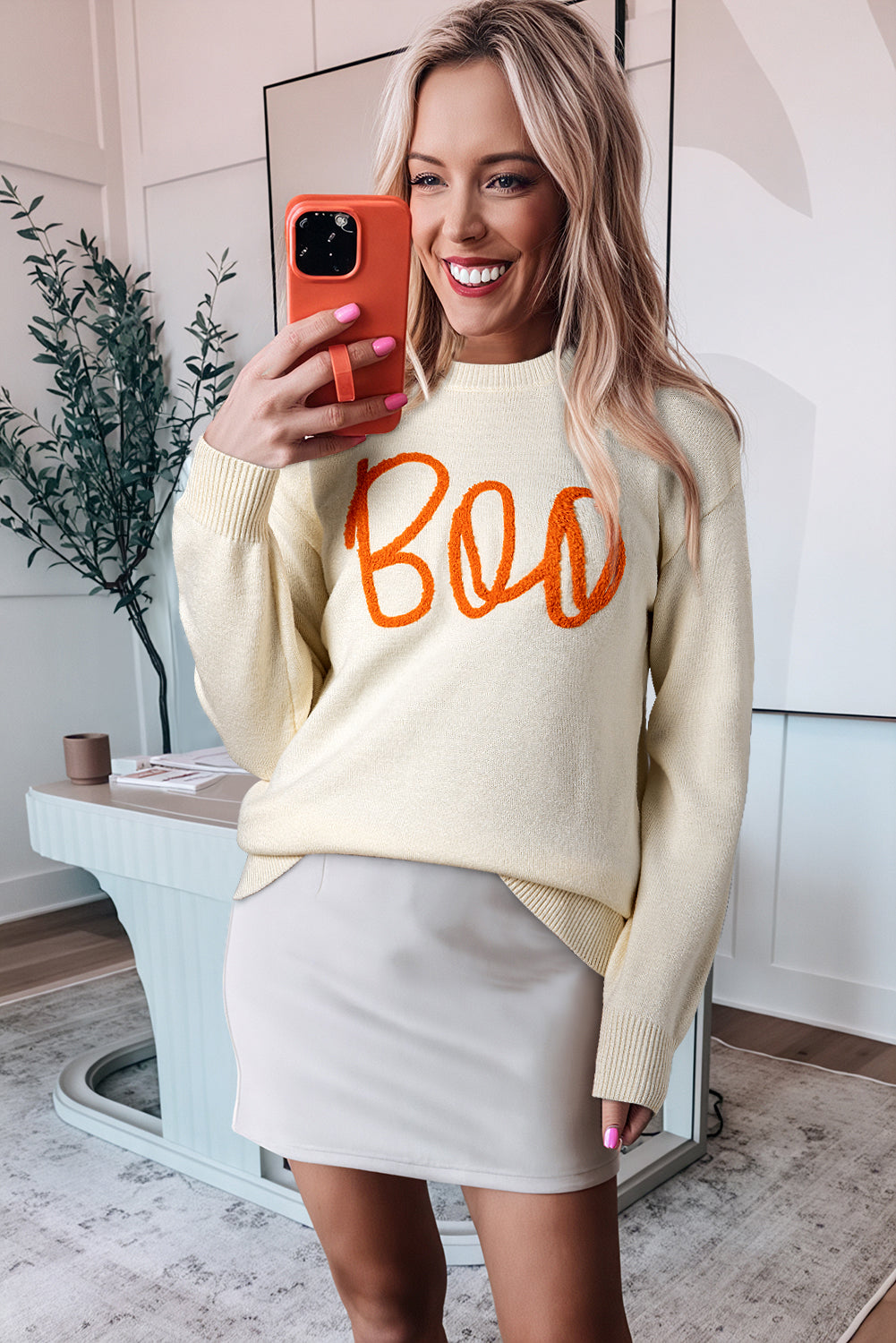 Orange Halloween Boo Drop Shoulder Knit Sweater Cozy Warm