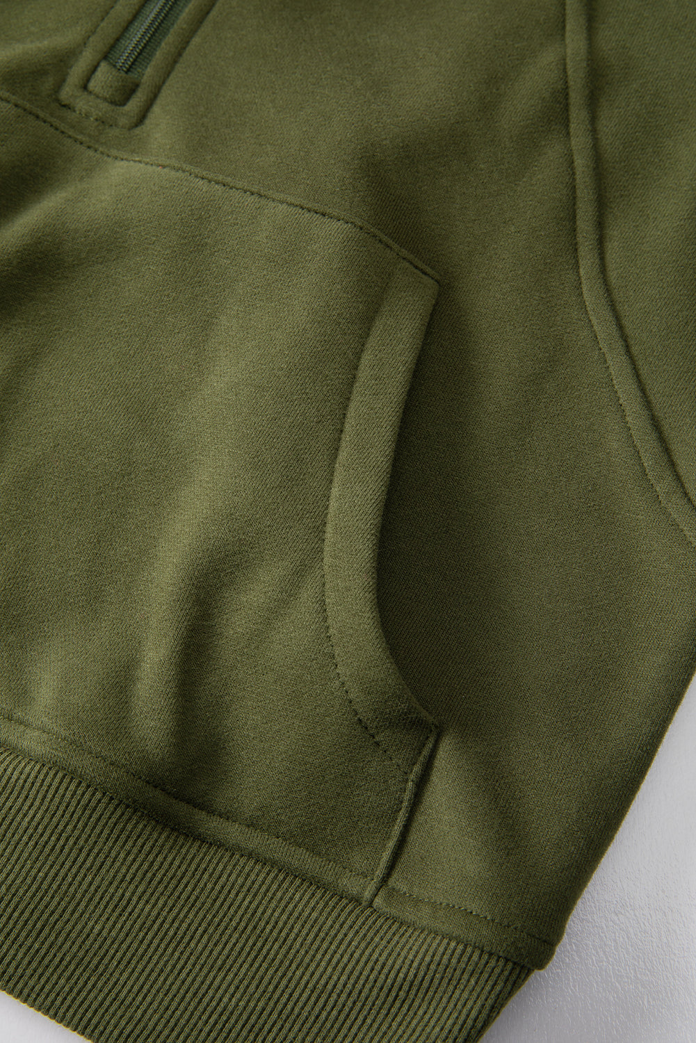 Green Zip Stand Collar Ribbed Thumbhole Sleeve Sweatshirt