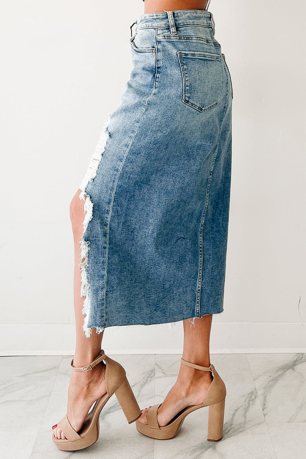 Myosotis Distressed Hem Denim Midi Skirt Irregular Look