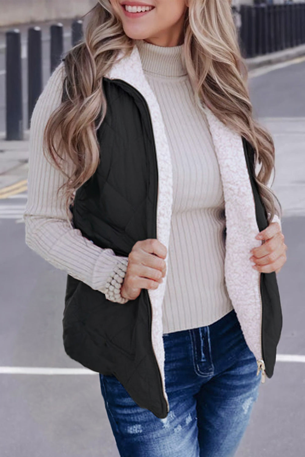 Pink Zip Up Fleece Lined Quilted Vest Coat Warm For Women