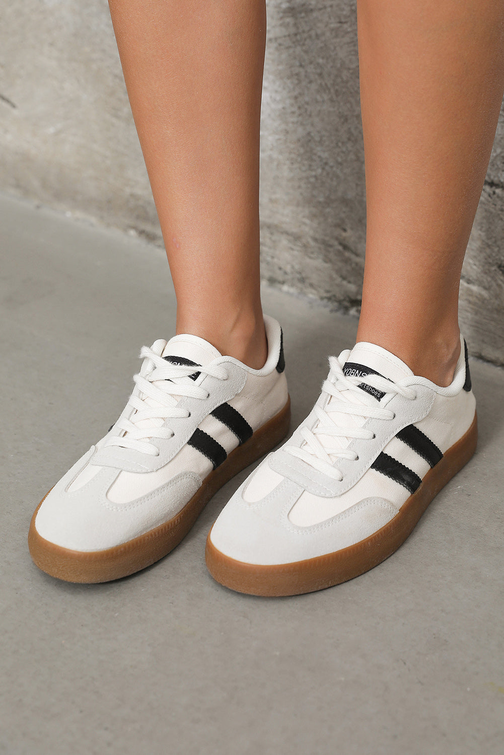 White Striped Lace Up Flat Sneakers For Everyday Comfort
