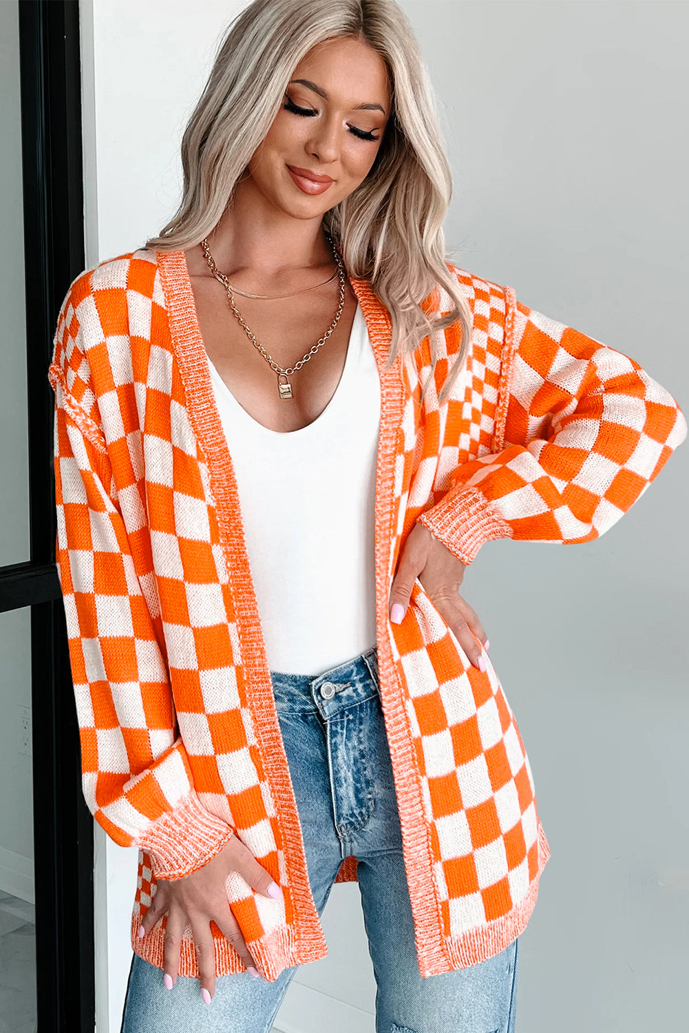 Checkered Open Front Drop Shoulder Cardigan Casual