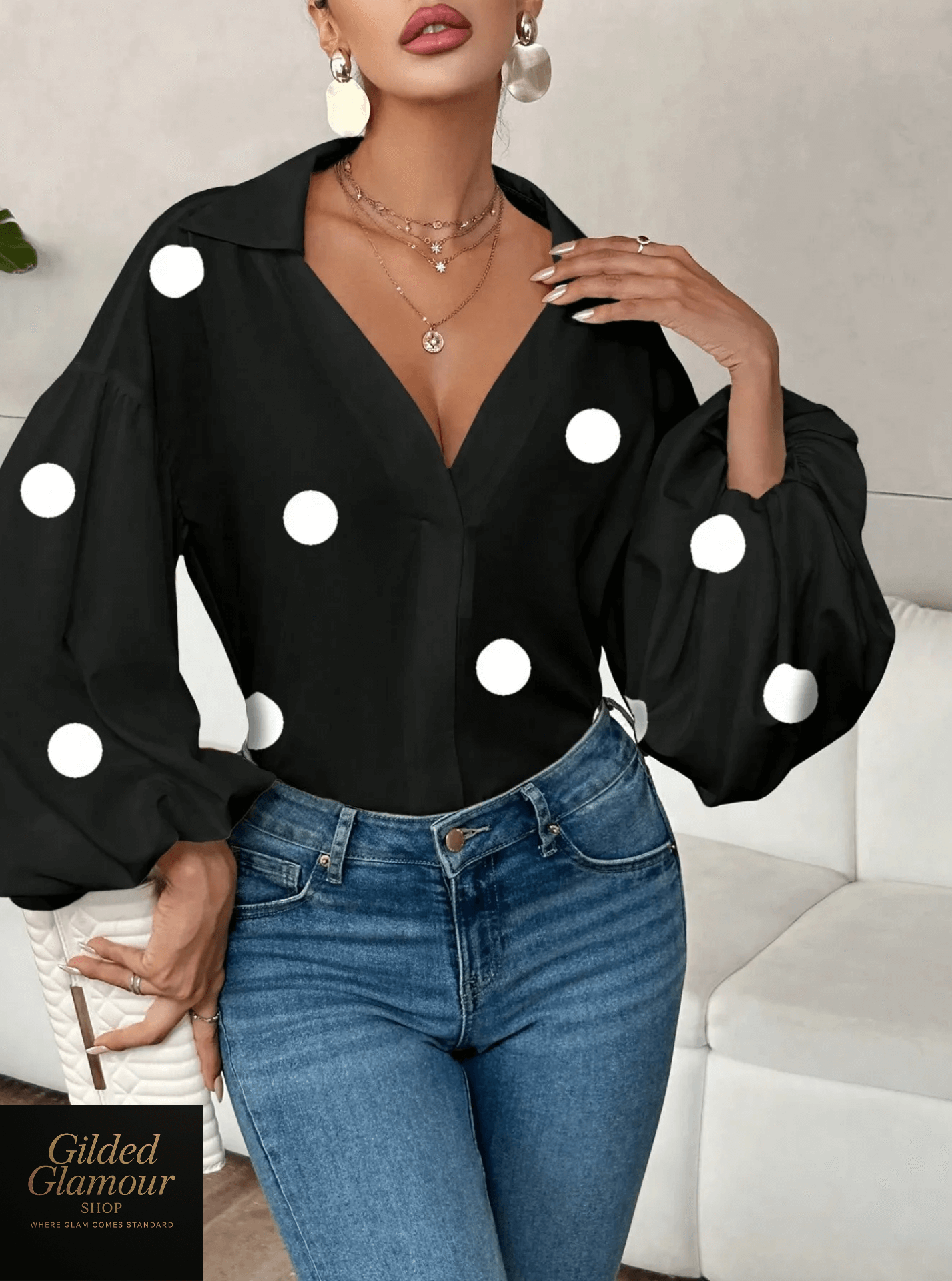 Polka Dot Balloon Sleeve Blouse
