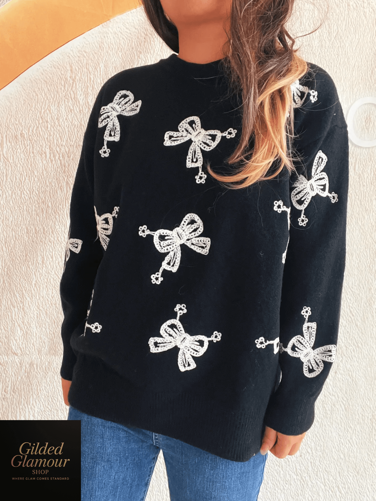 Bow Round Neck Long Sleeve Knit Sweater Womens Pullover