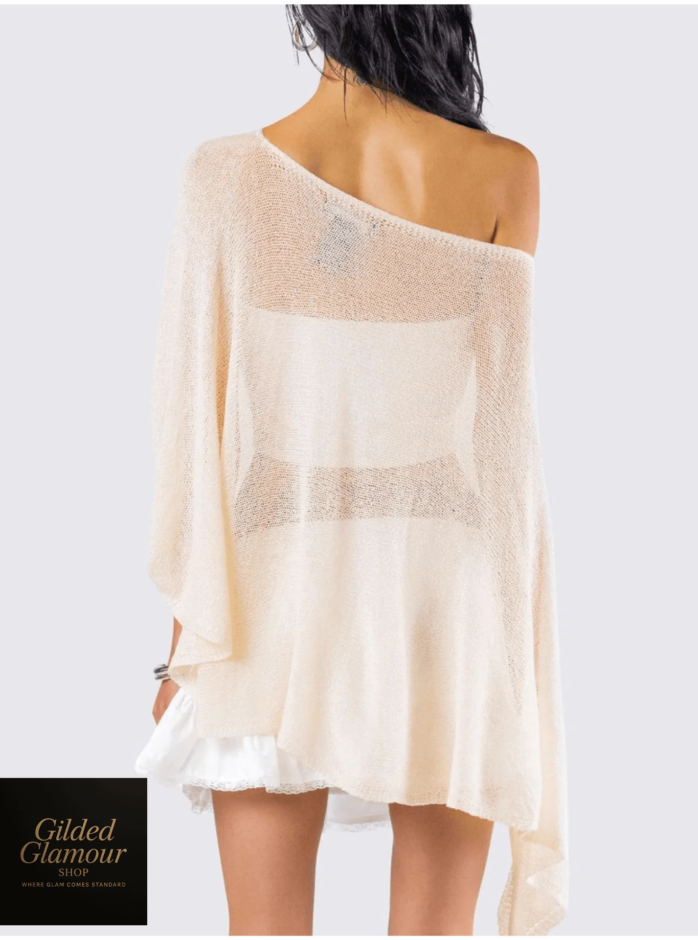 Vestido playero de punto transparente de manga larga con cuello barco y gran tamaño