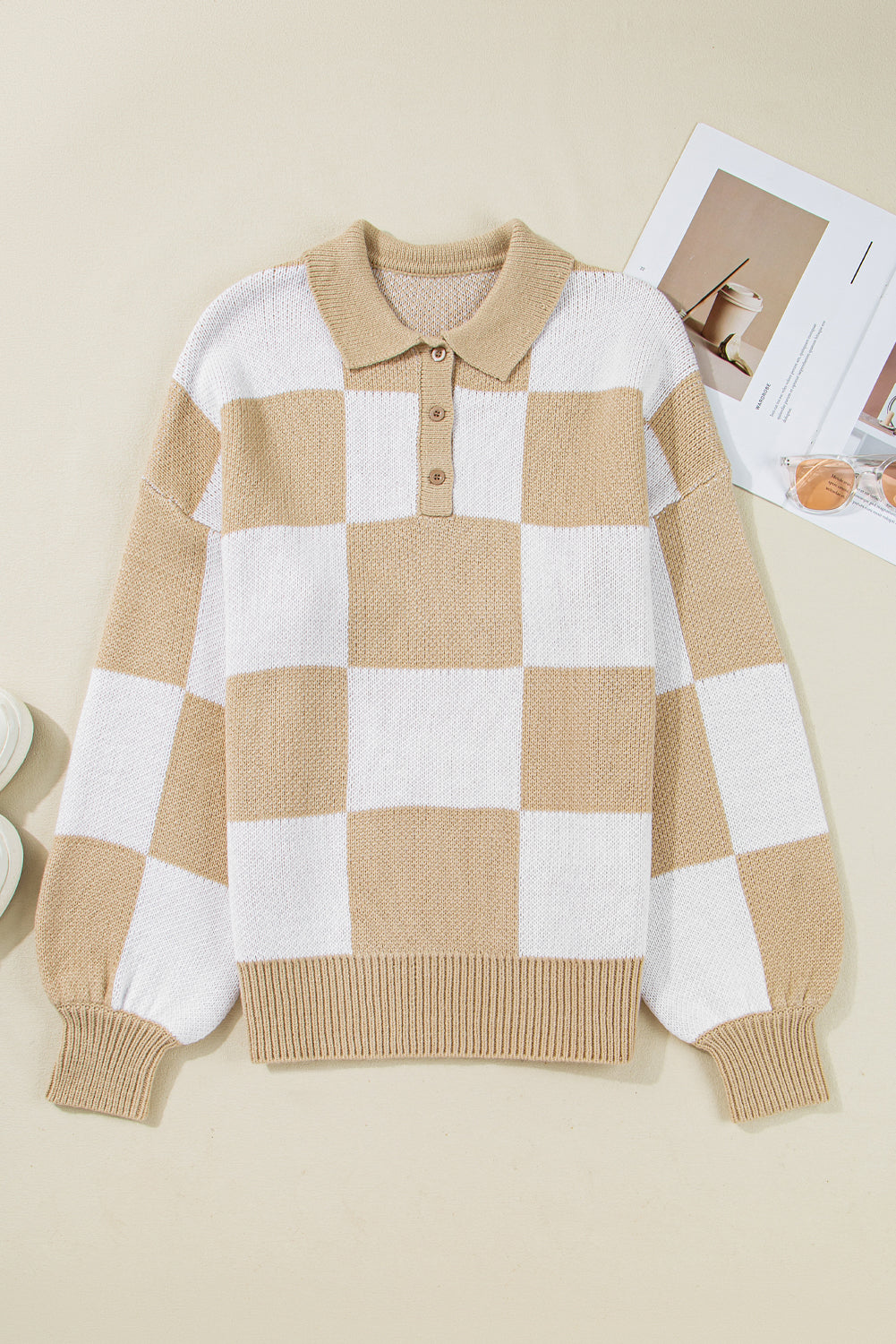 Grapefruit Orange Checkered V Neck Collared Sweater