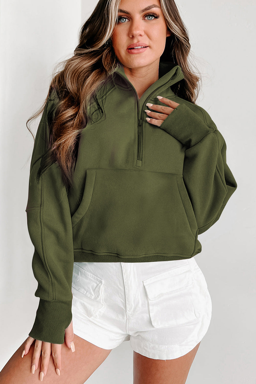 Green Zip Stand Collar Ribbed Thumbhole Sleeve Sweatshirt