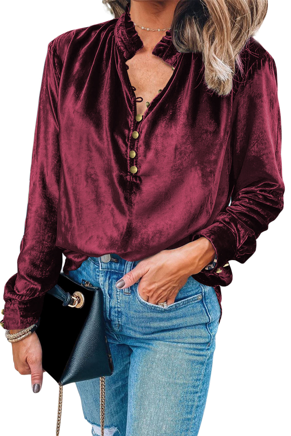 Red Velvet Frilled Buttoned V Neck Blouse Elegant Top