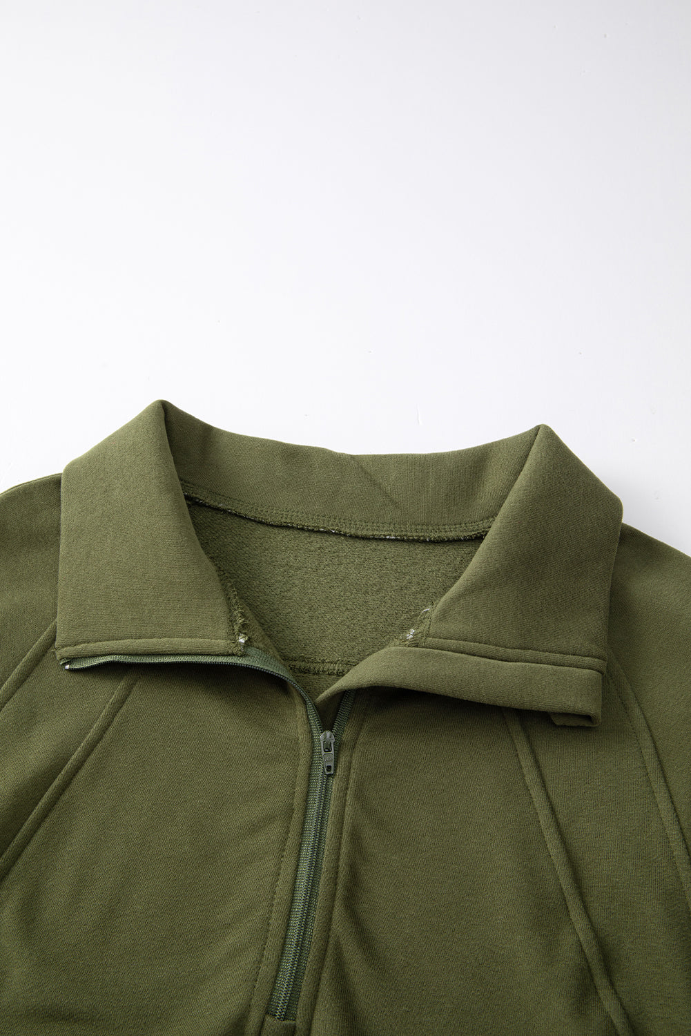 Green Zip Stand Collar Ribbed Thumbhole Sleeve Sweatshirt