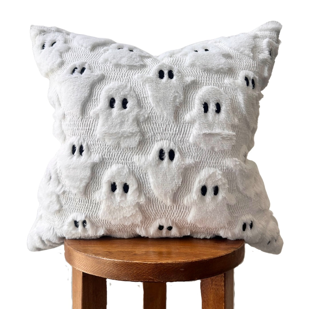 Spooky White Ghost Faux Fur Pillow Cover 18 Inch Halloween