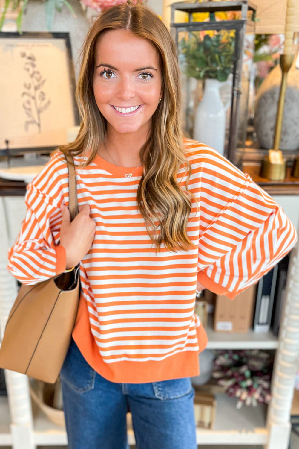 Red Striped Exposed Seam Drop Shoulder Long Sleeve Top