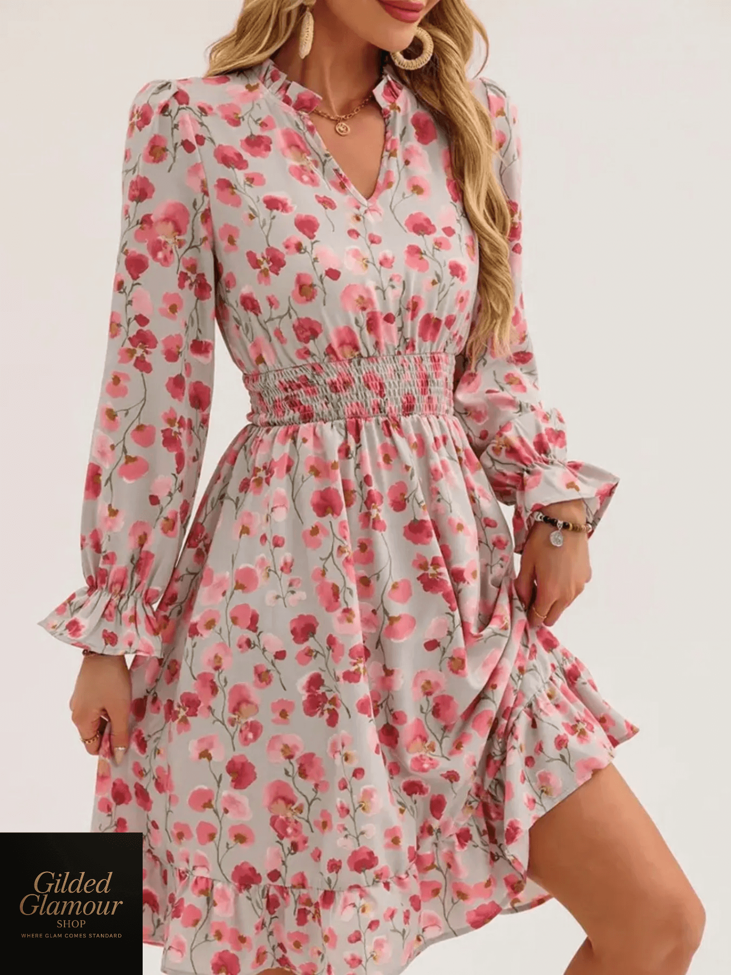 Vestido elegante con estampado floral, mangas con volantes y dobladillo con volantes