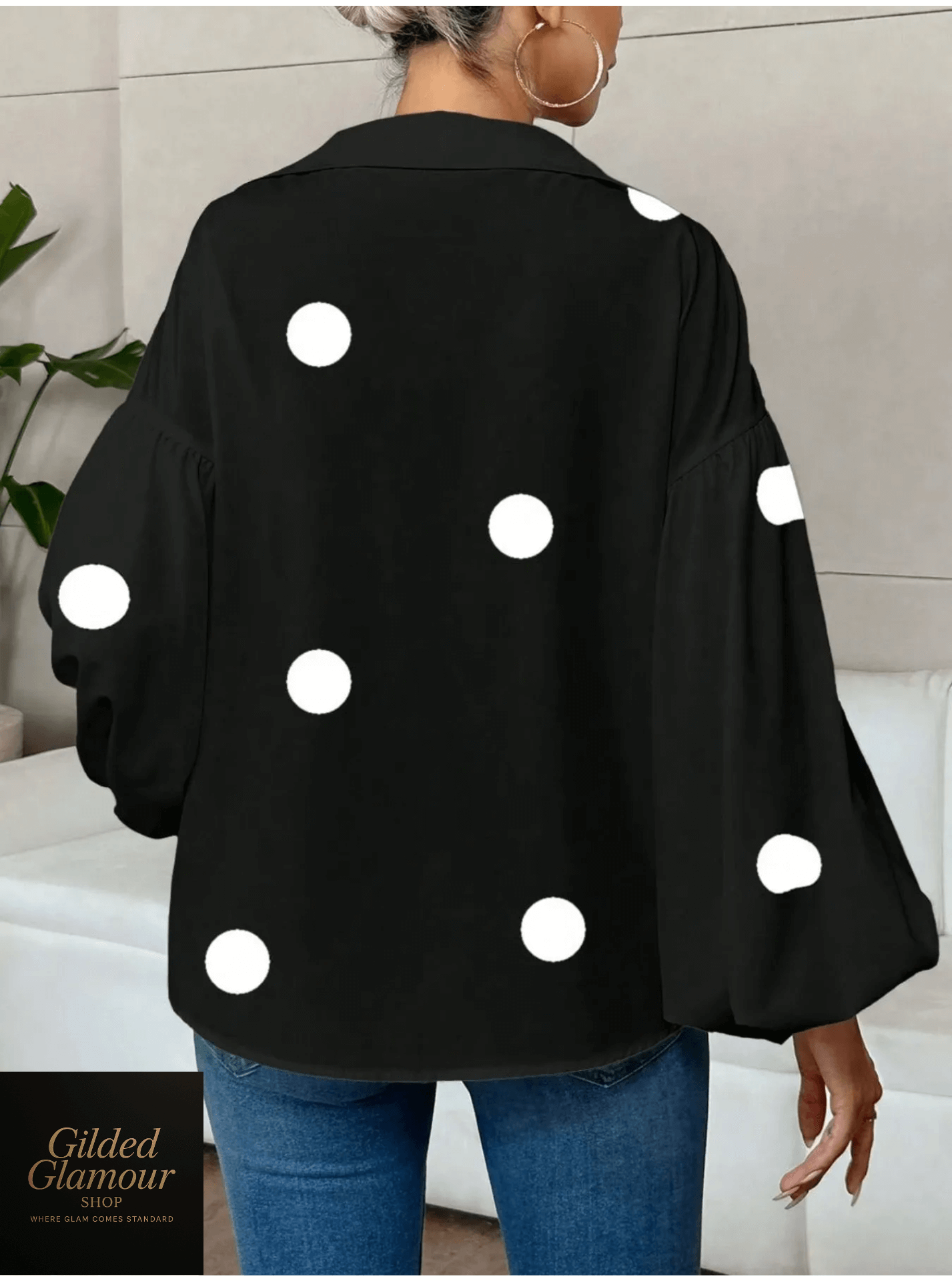 Polka Dot Balloon Sleeve Blouse