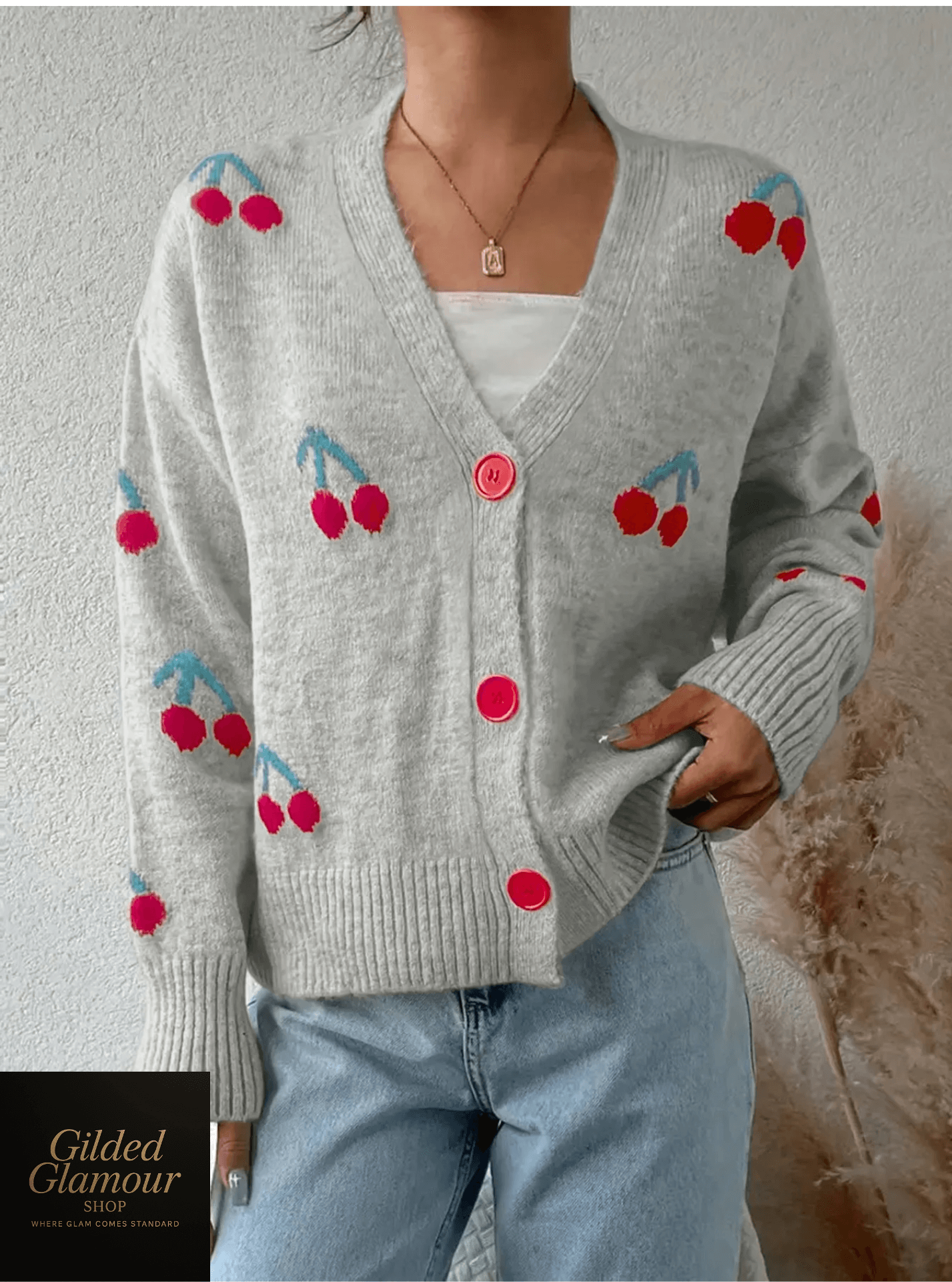 Cárdigan de punto con botones de cereza para mujer, ligero y acogedor