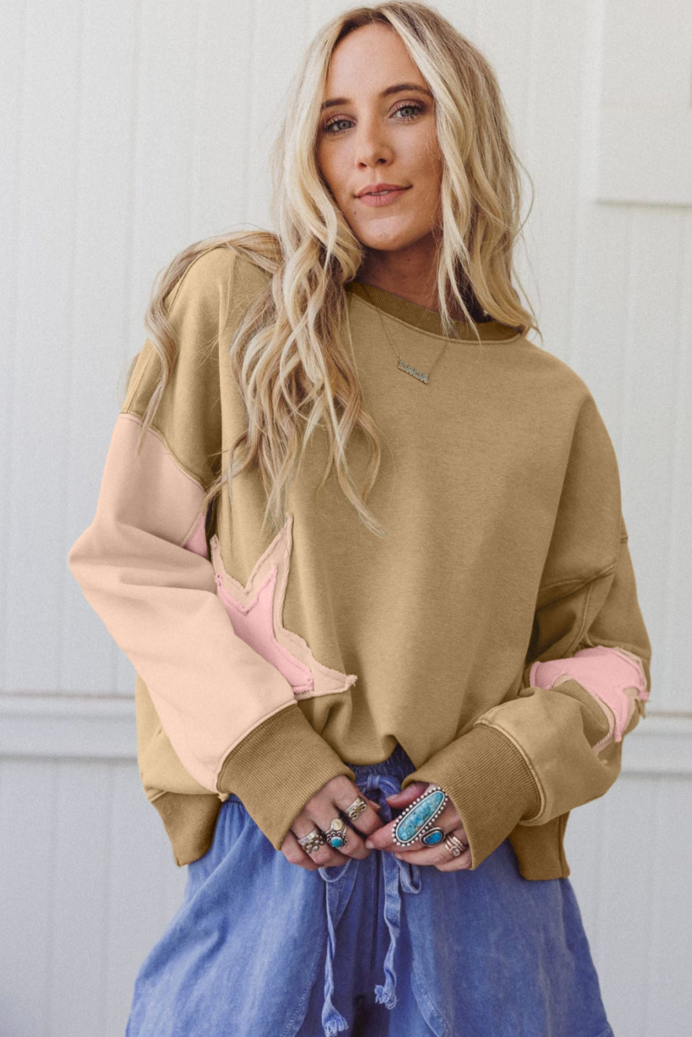 Rose Pink Star Patchwork Sweatshirt With Uneven Hem Design