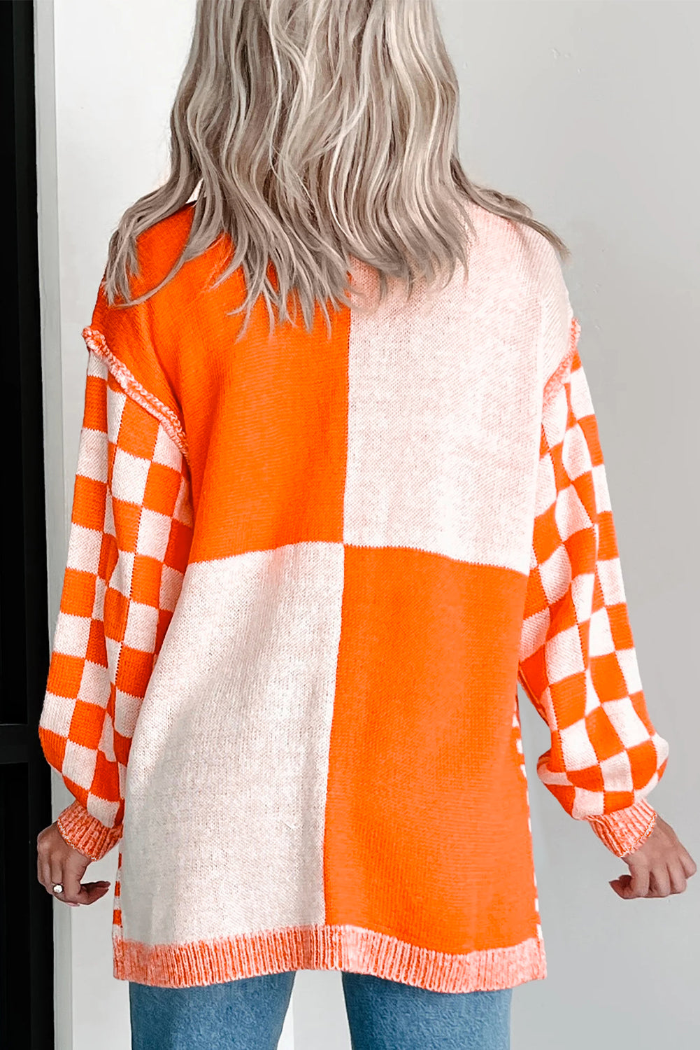 Checkered Open Front Drop Shoulder Cardigan Casual