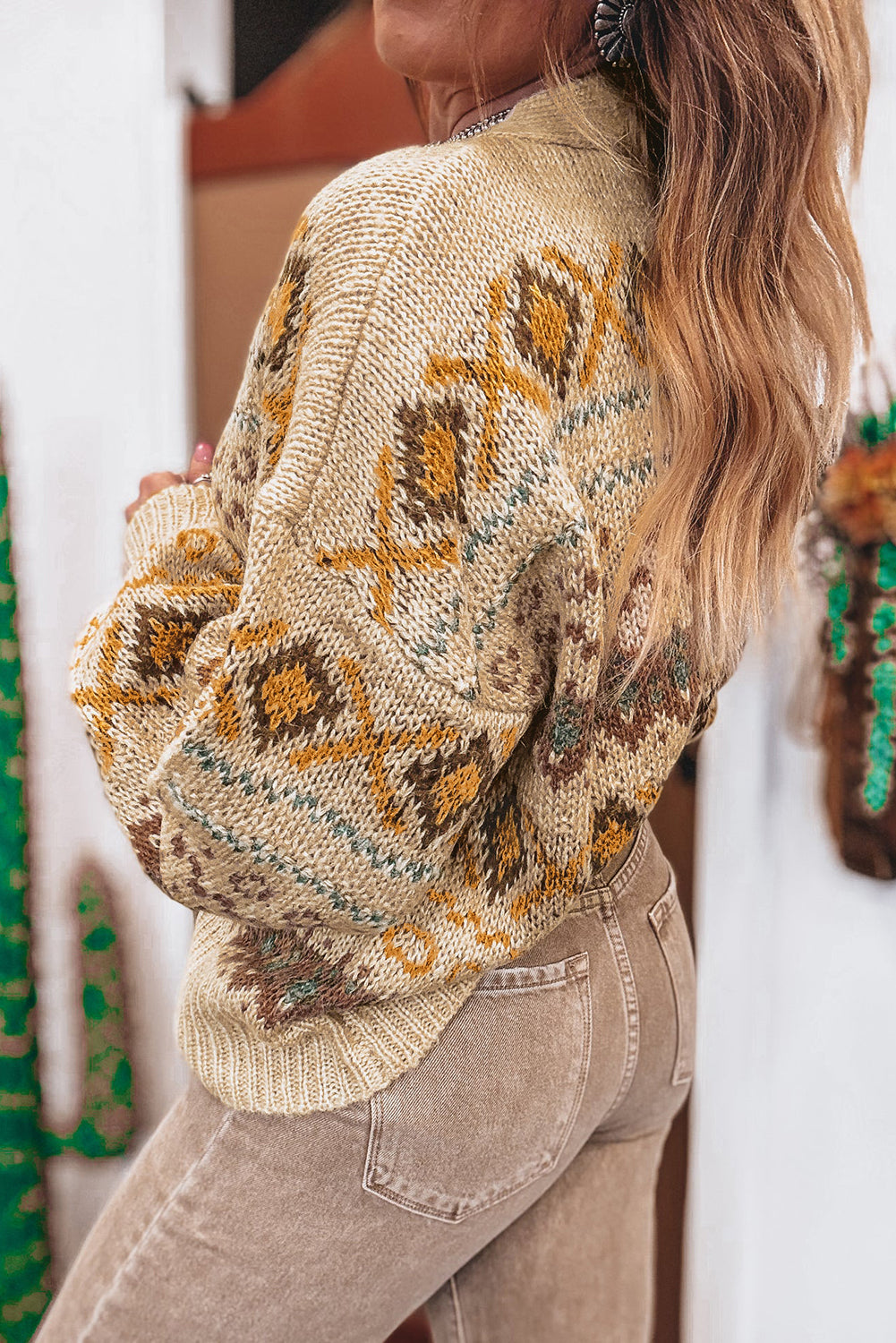 Khaki Geometric Button V Neck Cardigan Bishop Sleeves