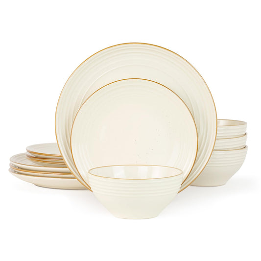 Famiware Jupiter Dinnerware Set, Plates and Bowls Dish Sets for 4 (12 Pieces), Microwave and Dishwasher Safe Stoneware Tableware, Chip and Scratch Resistant, Light Blue