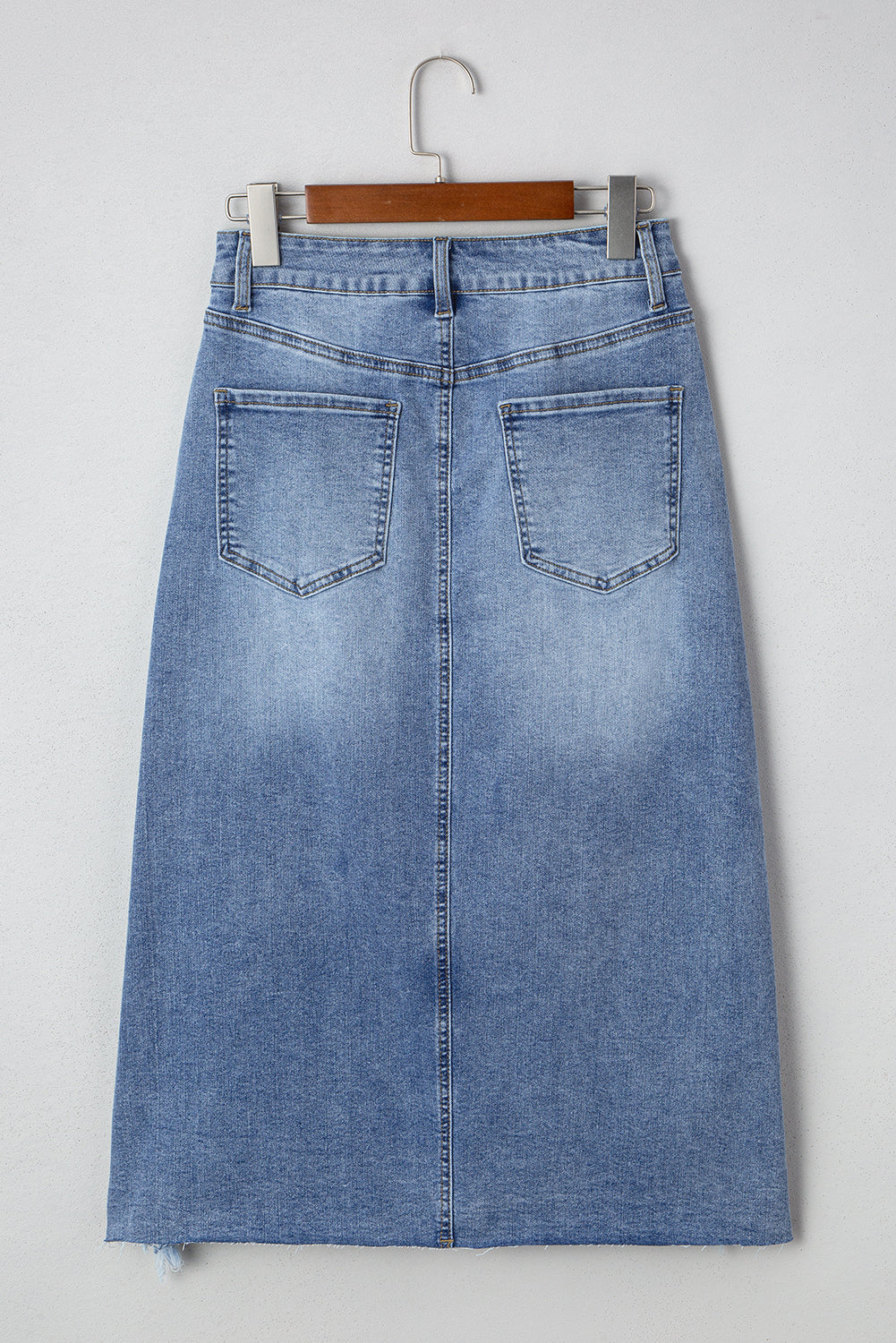 Myosotis Distressed Hem Denim Midi Skirt Irregular Look