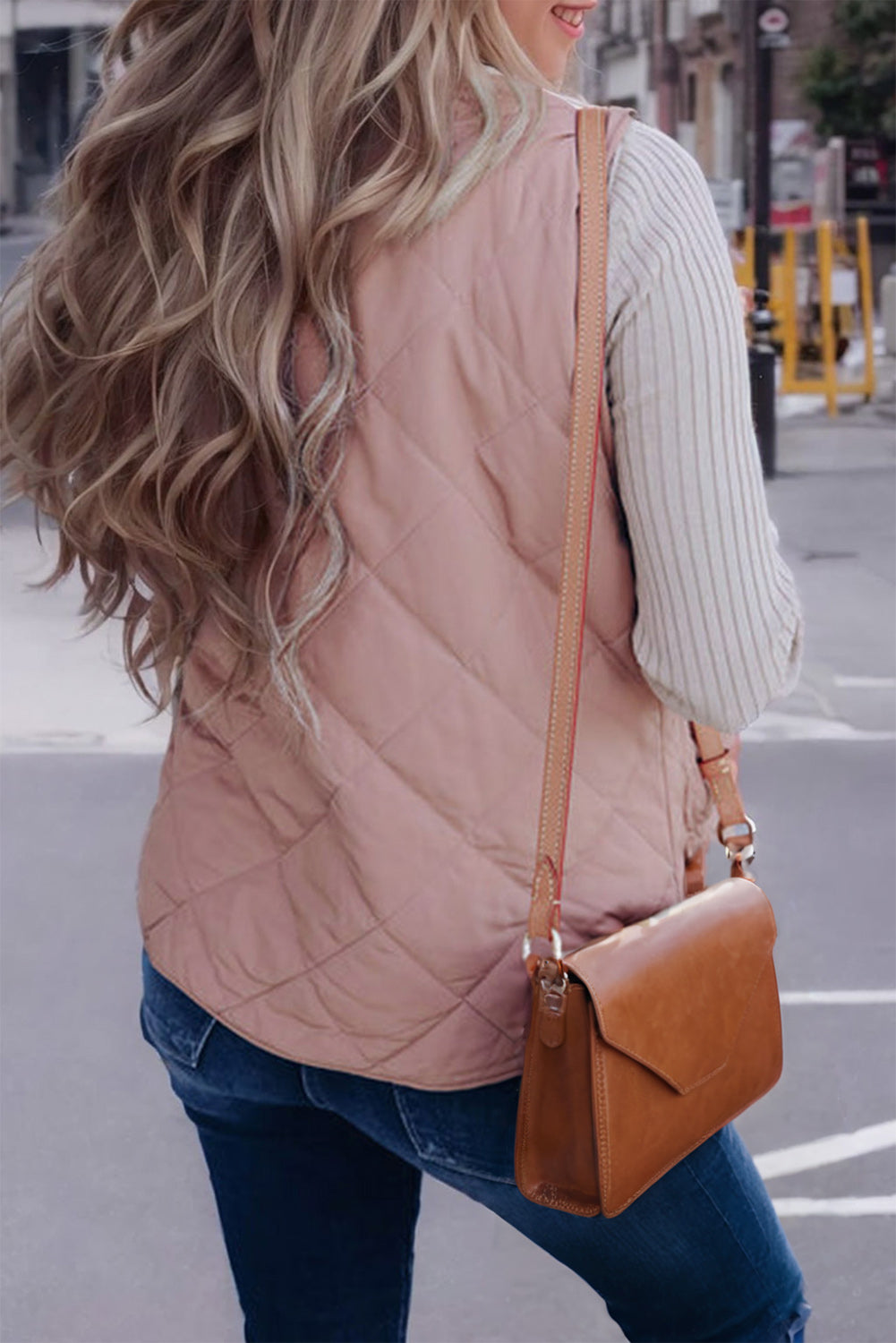 Pink Zip Up Fleece Lined Quilted Vest Coat Warm For Women