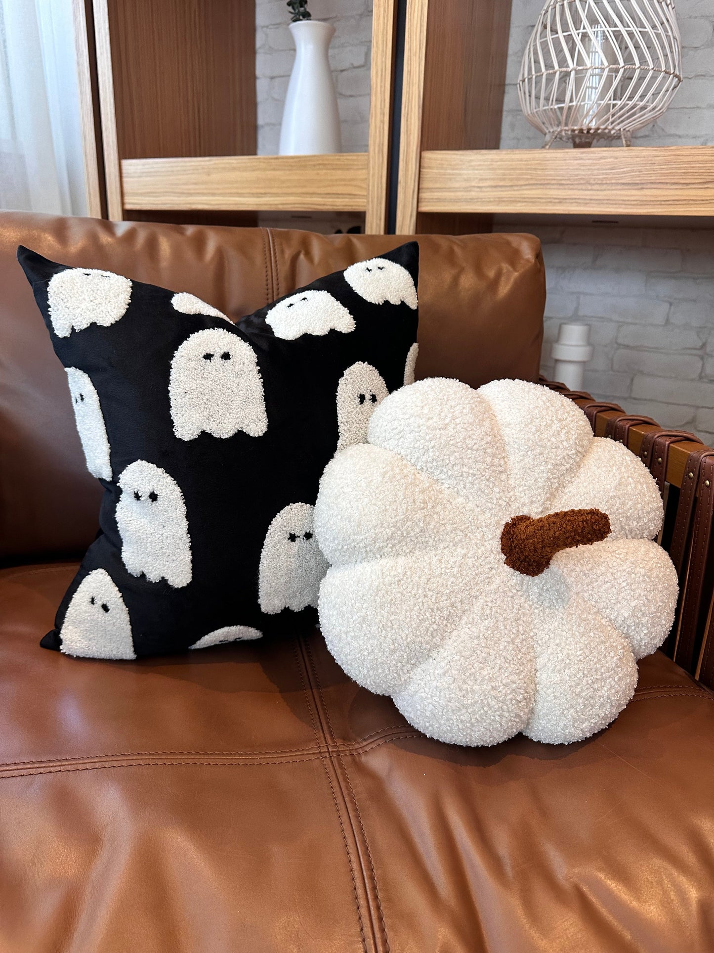 Black Velvet Ghost Pillow Cover 18 Inch Square Embroidered