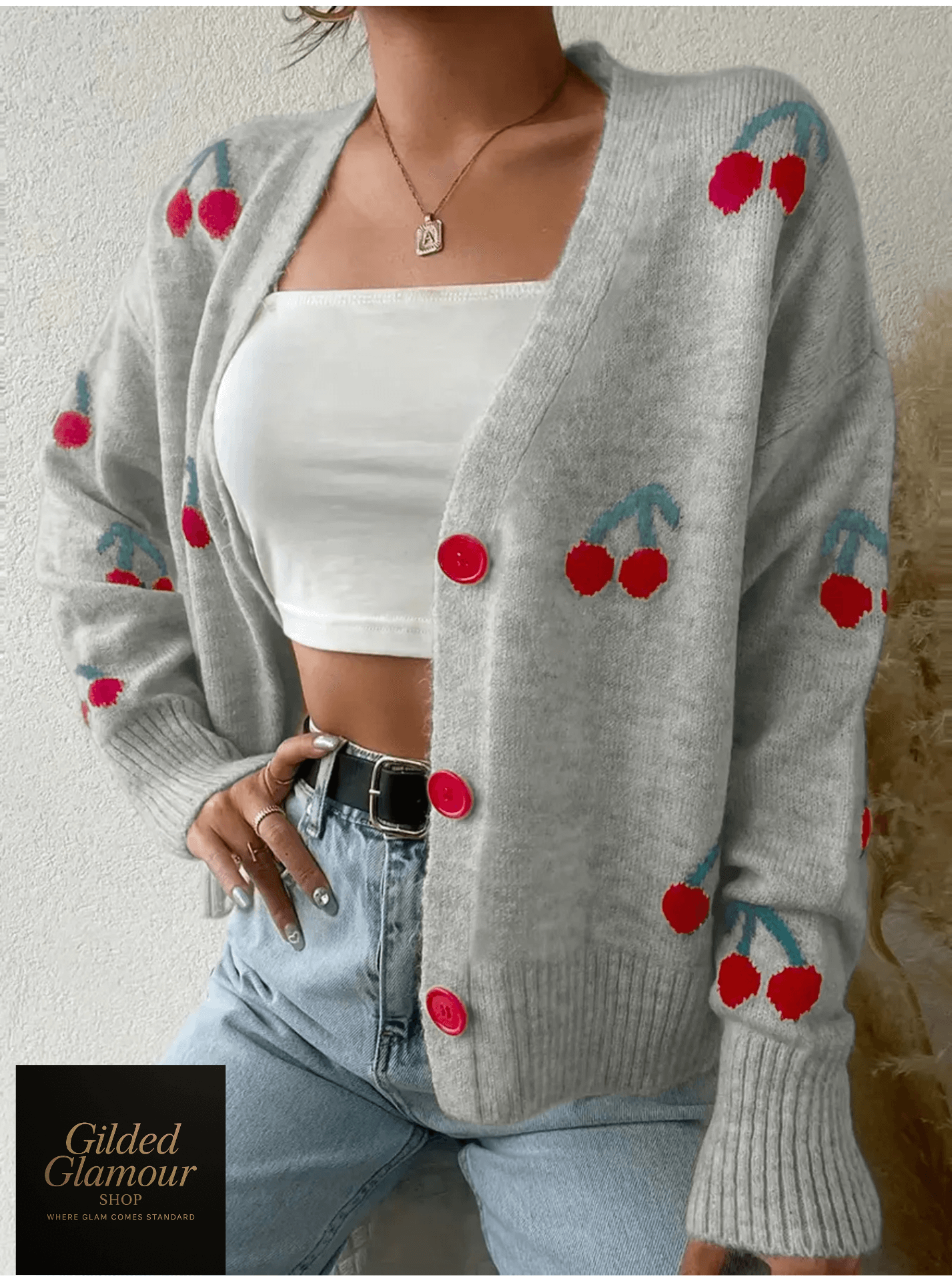 Cárdigan de punto con botones de cereza para mujer, ligero y acogedor