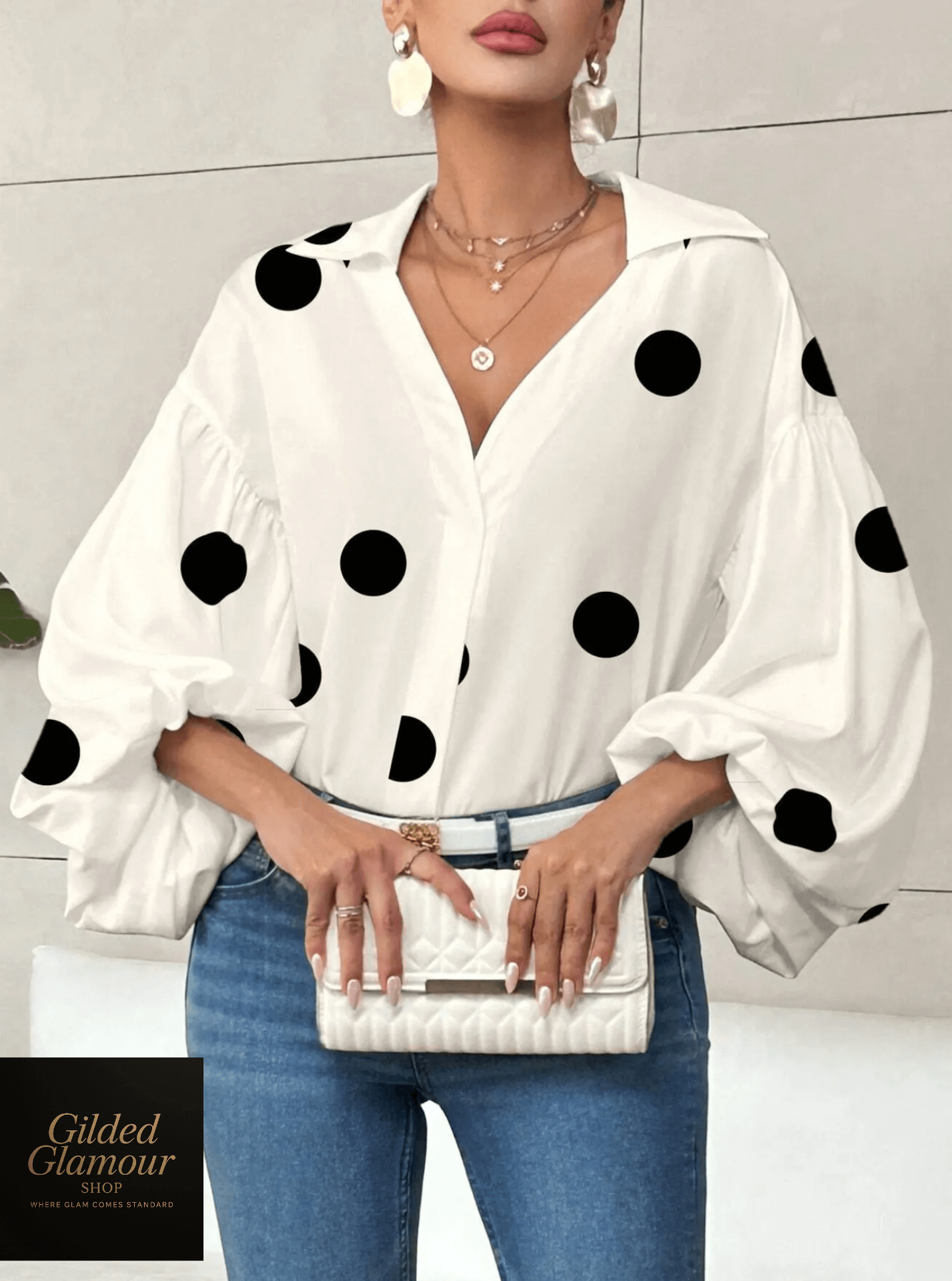 Polka Dot Balloon Sleeve Blouse