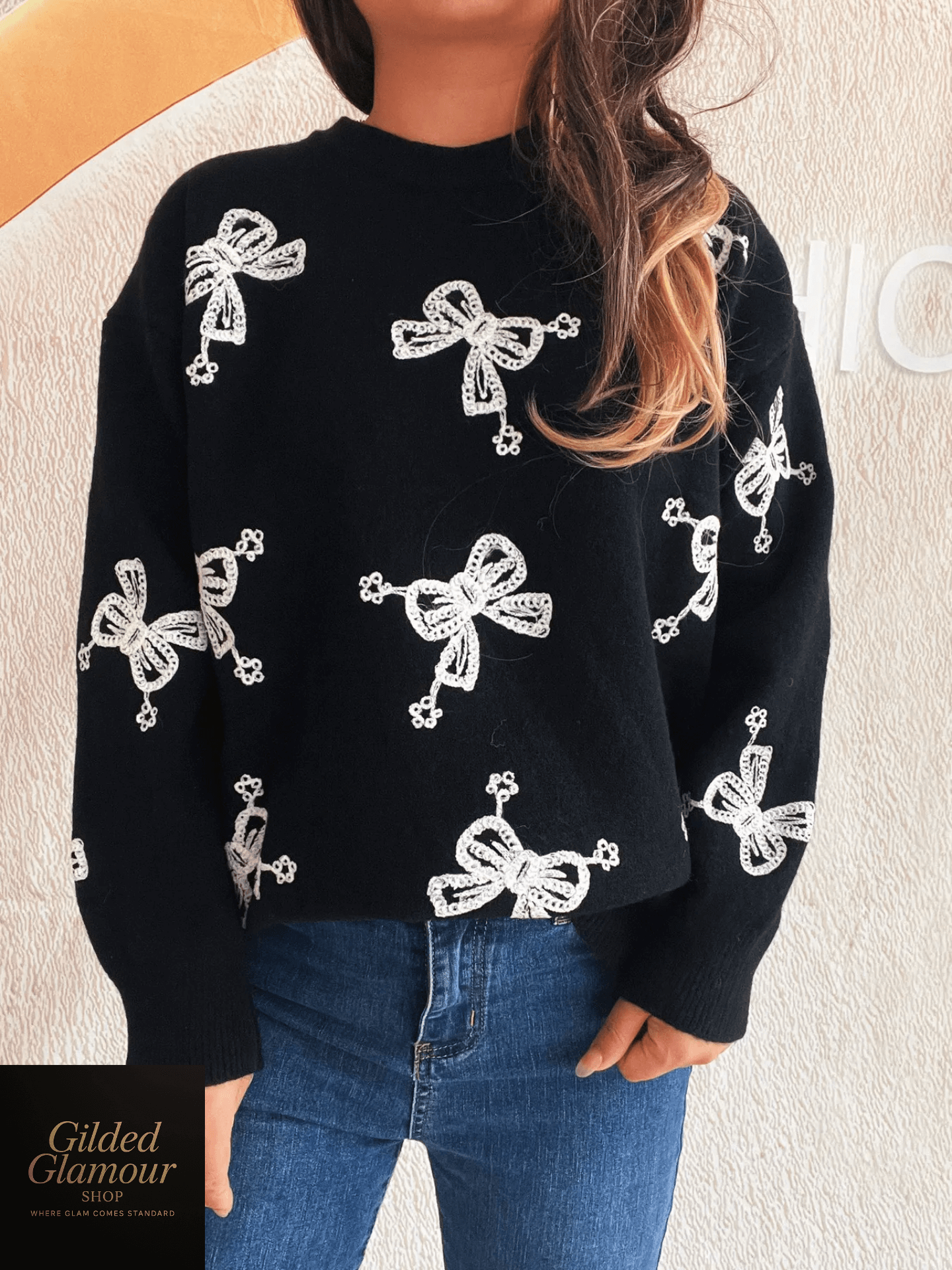 Bow Round Neck Long Sleeve Knit Sweater Womens Pullover
