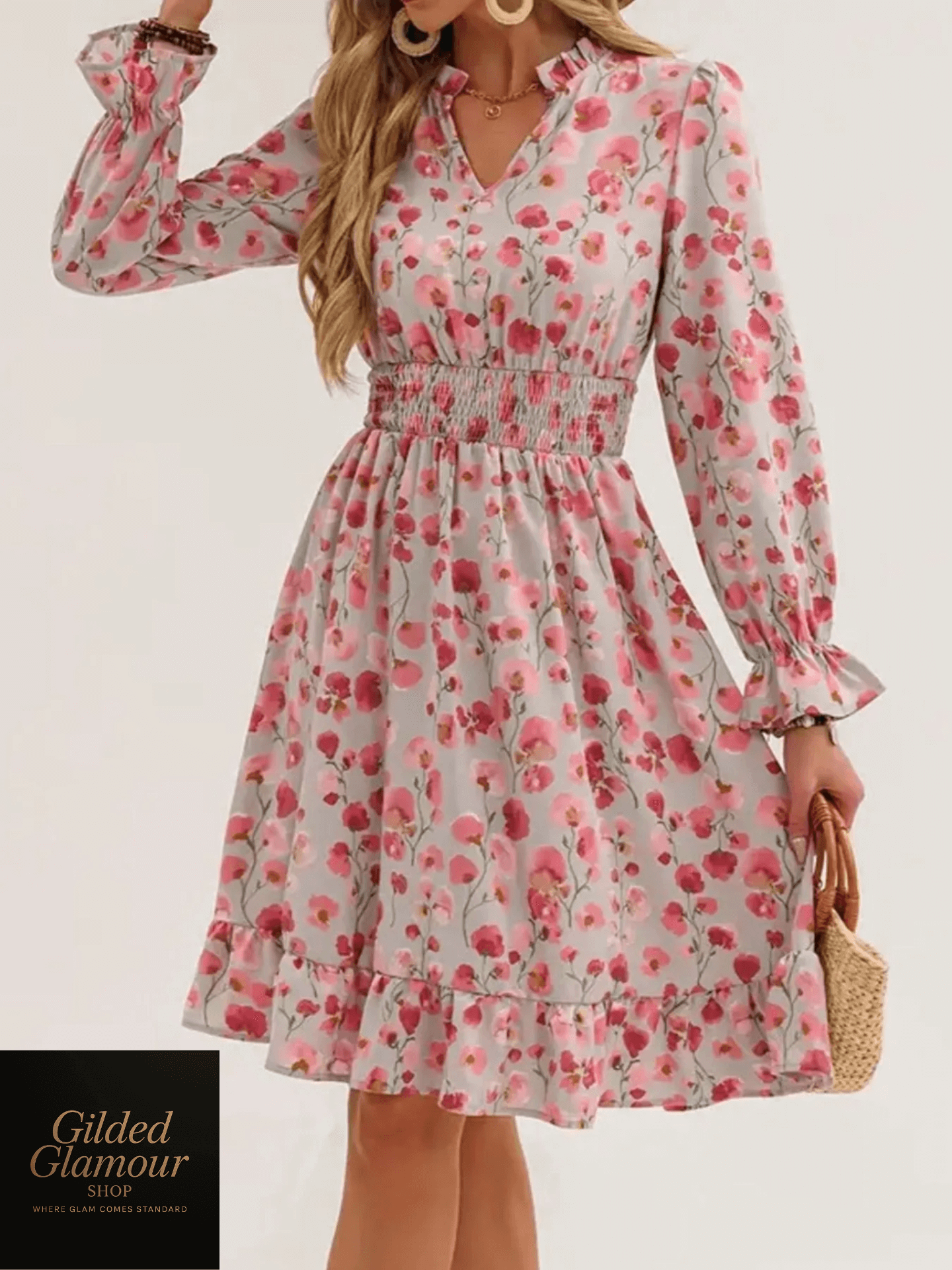 Vestido elegante con estampado floral, mangas con volantes y dobladillo con volantes
