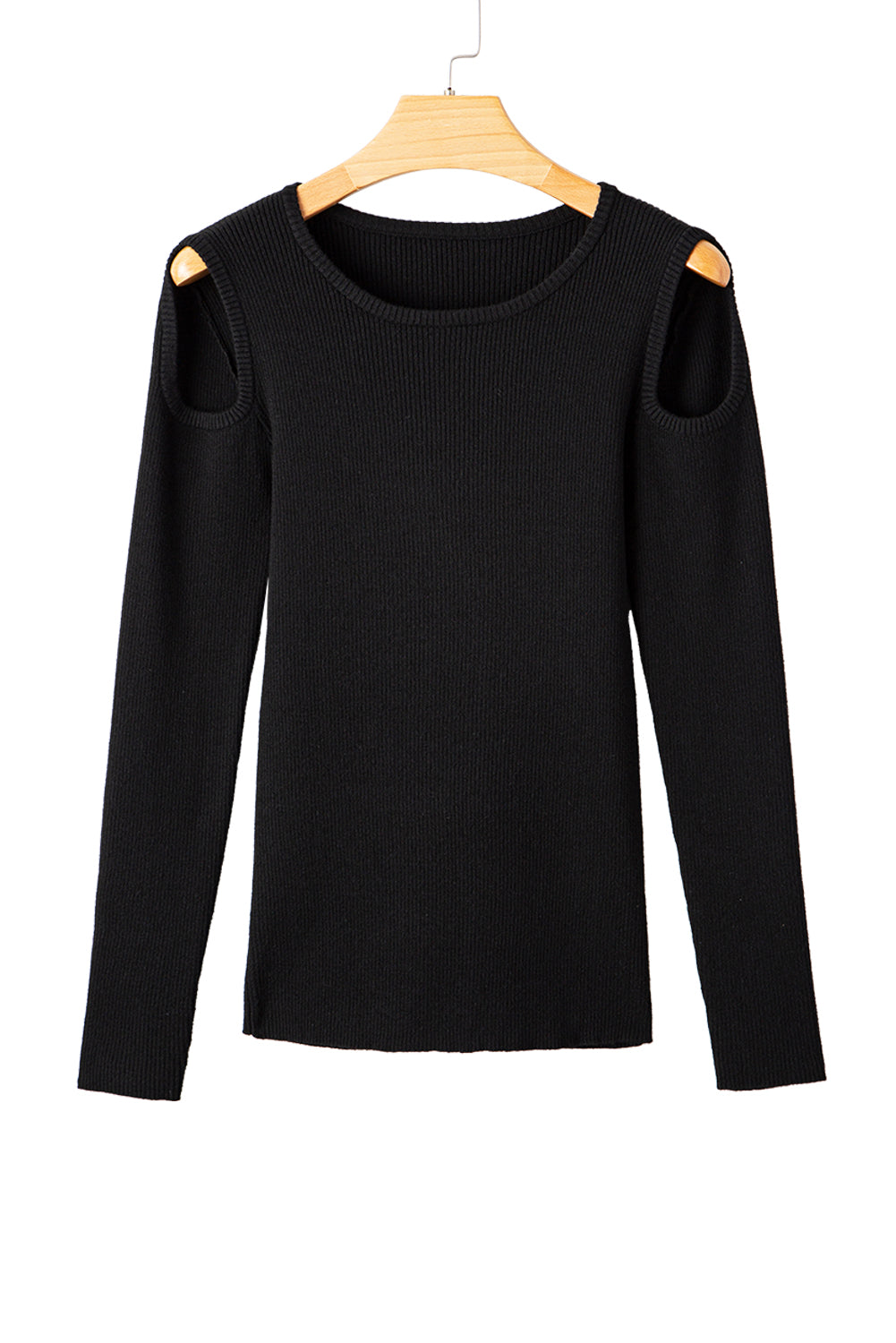 Black Ribbed Knit Cold Shoulder Sweater With Subtle Cutouts