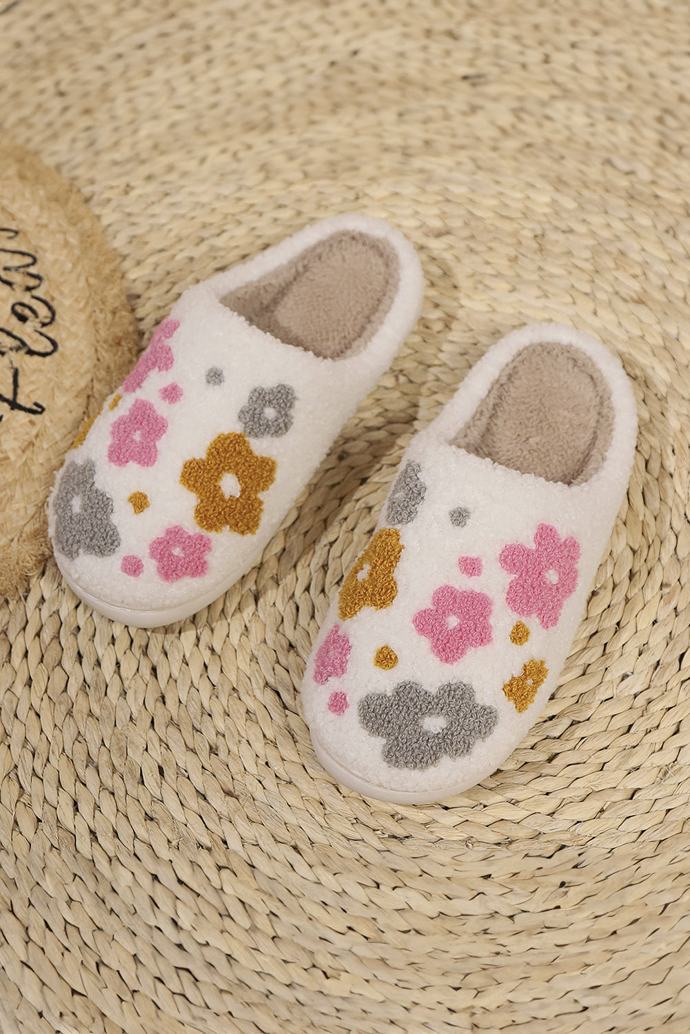 White Floral Fuzzy Winter Slippers With Cloudlike Comfort