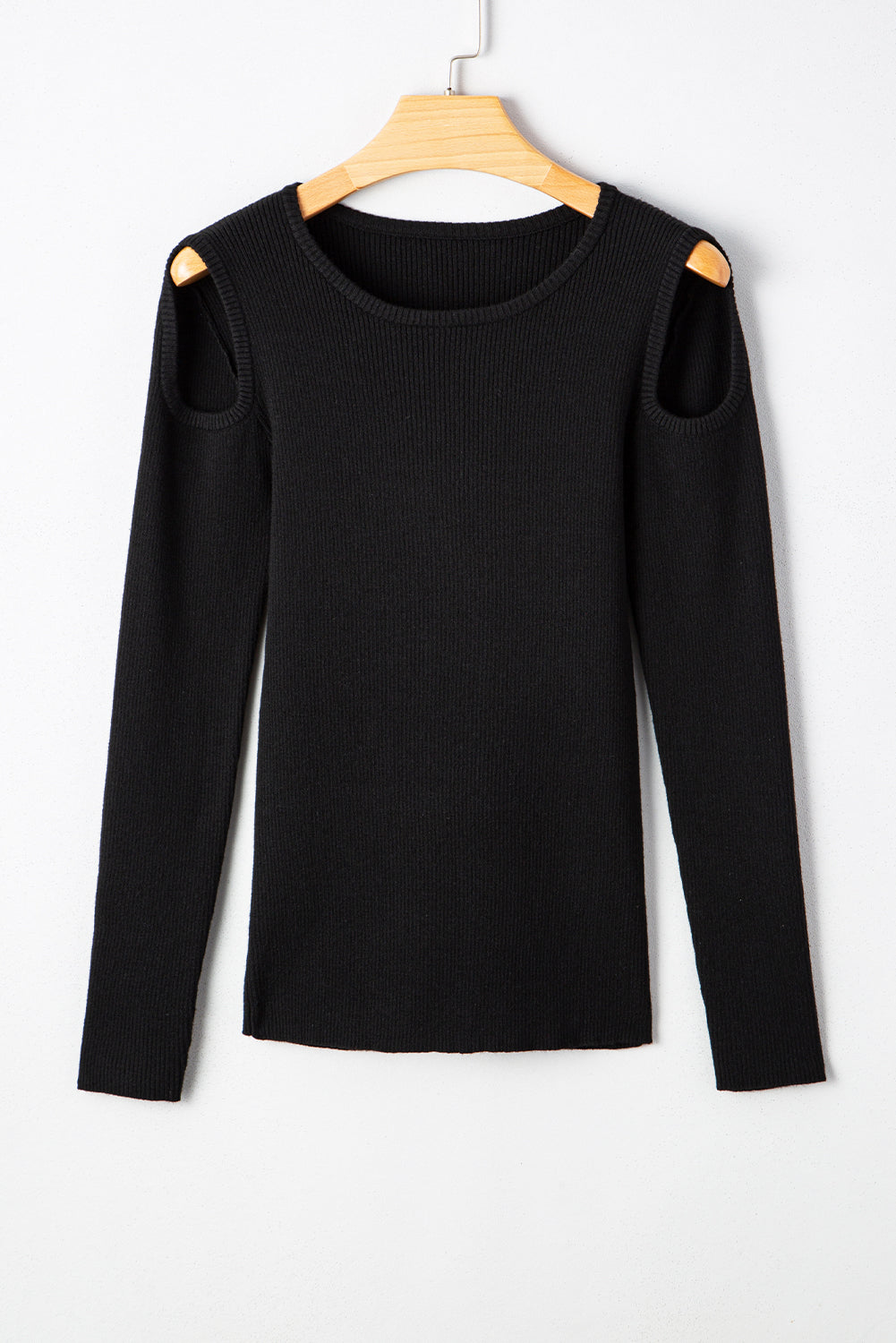 Black Ribbed Knit Cold Shoulder Sweater With Subtle Cutouts