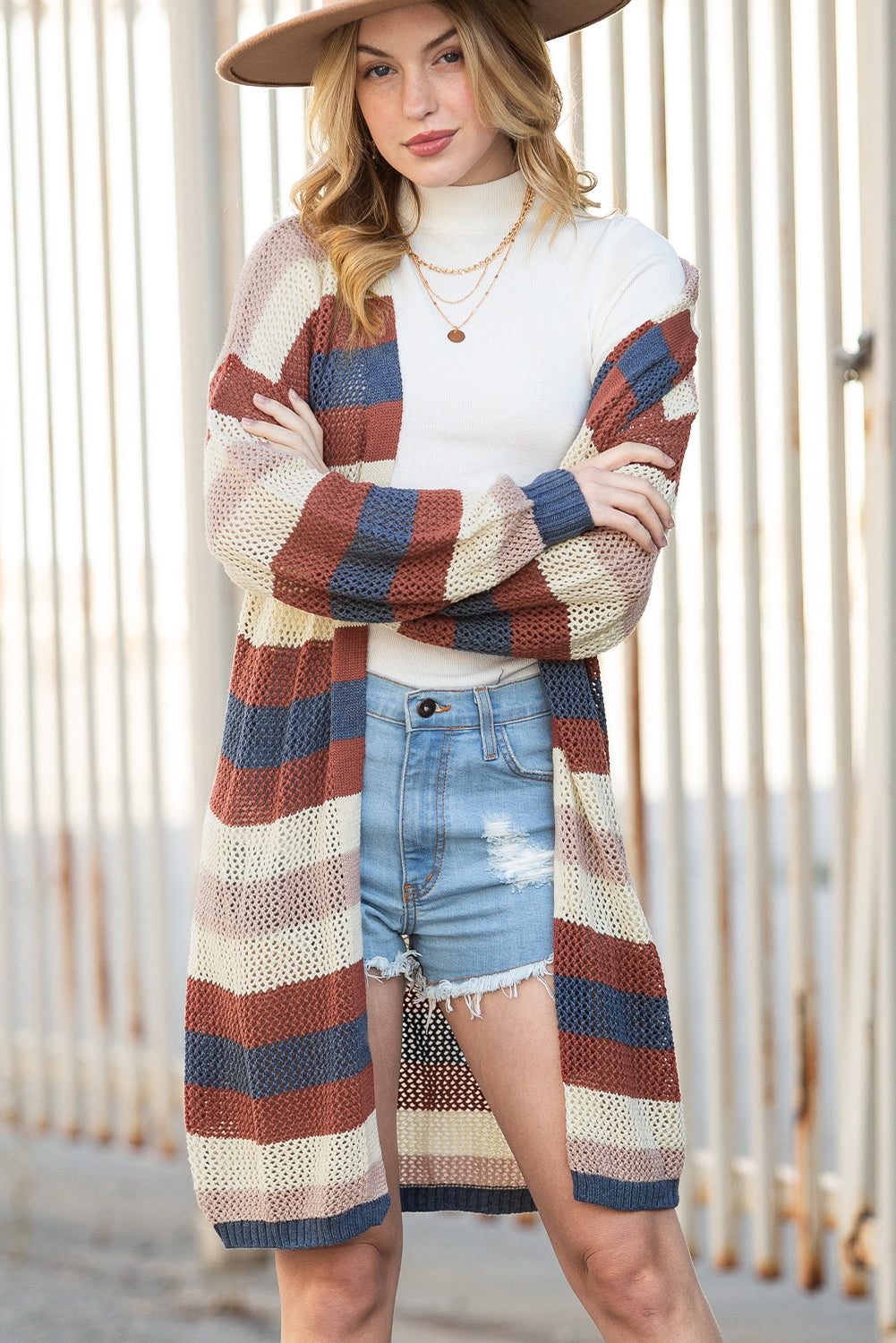 Dark Blue Color Block Striped Cutout Knit Cardigan
