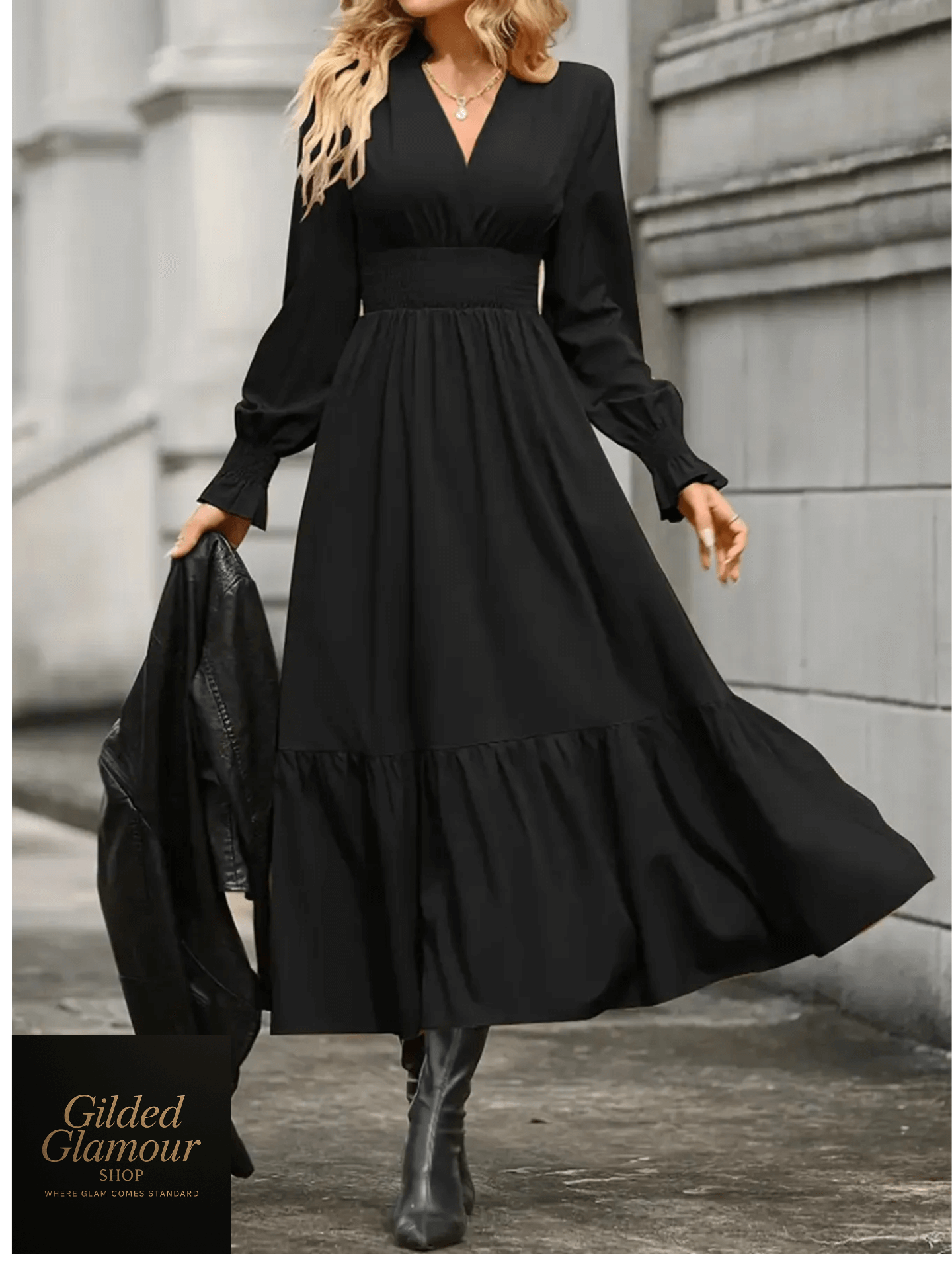 Vestido escalonado de manga larga con muescas