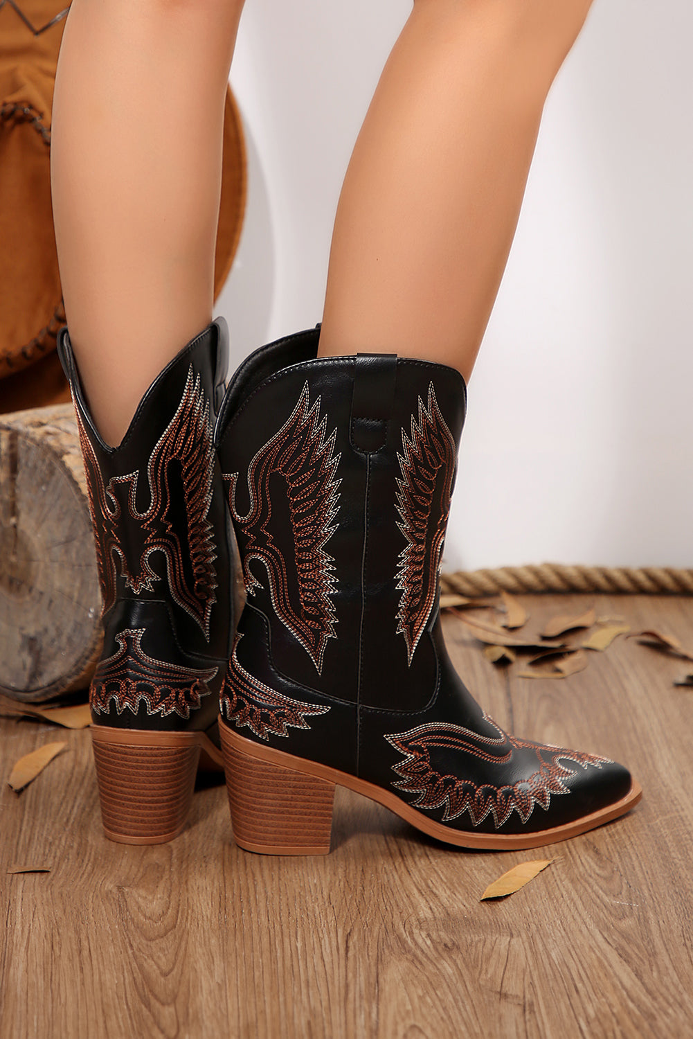 Black Embroidered Pattern Point Toe Mid Calf Boots