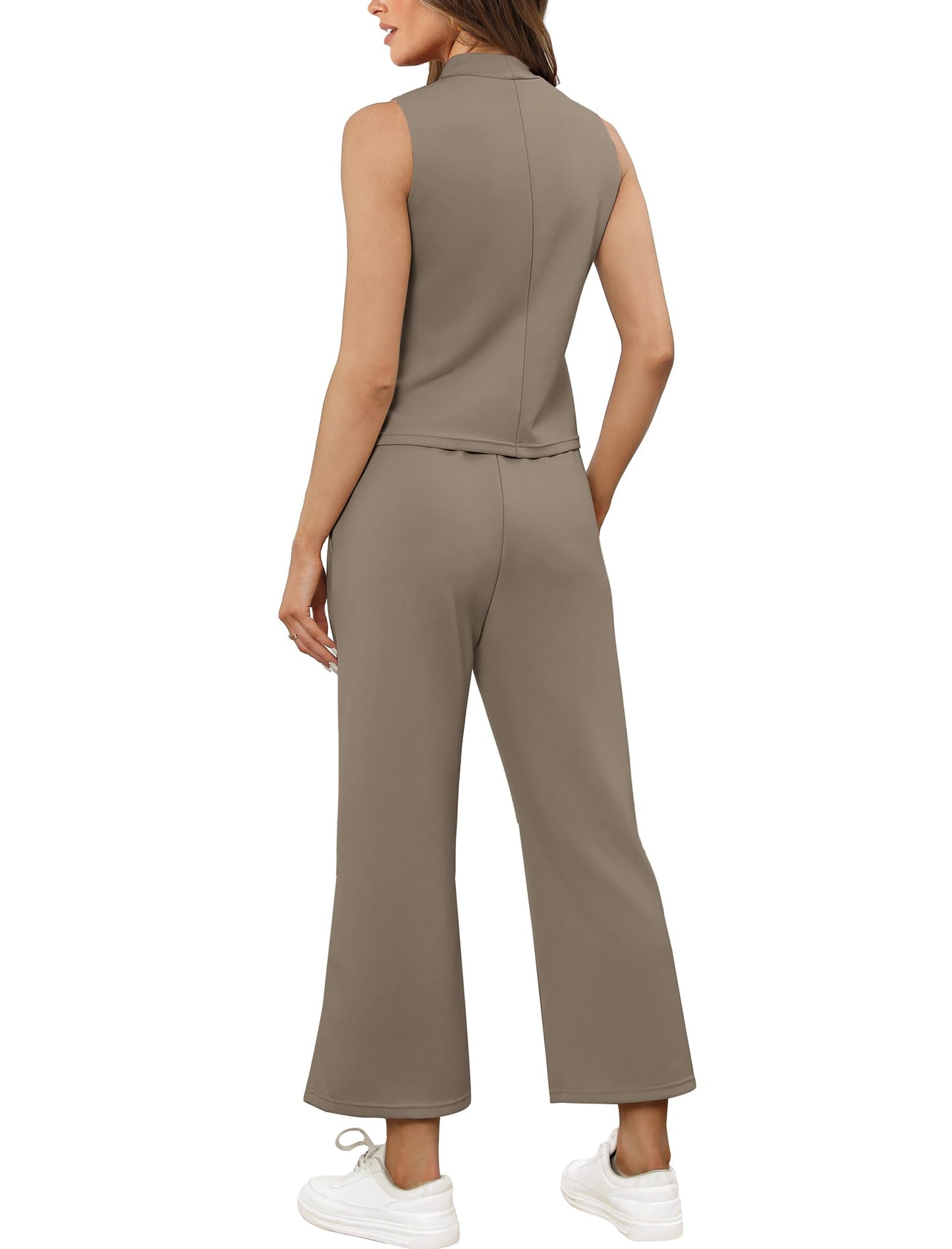 SAMPEEL Two Piece Sets for Women Summer Outfits Lounge Sets Mock Neck Tops Wide Leg Crop Pants Vacation Travel Outfits