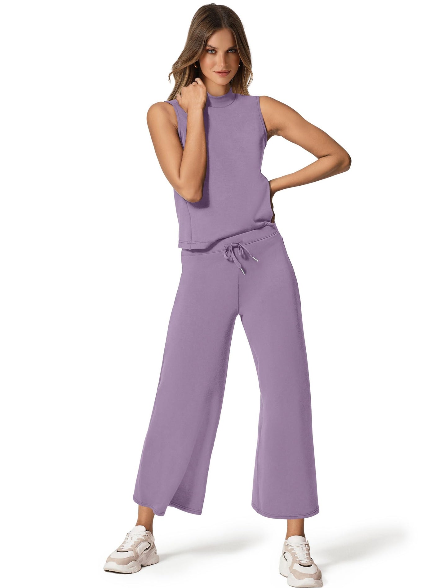 SAMPEEL Two Piece Sets for Women Summer Outfits Lounge Sets Mock Neck Tops Wide Leg Crop Pants Vacation Travel Outfits
