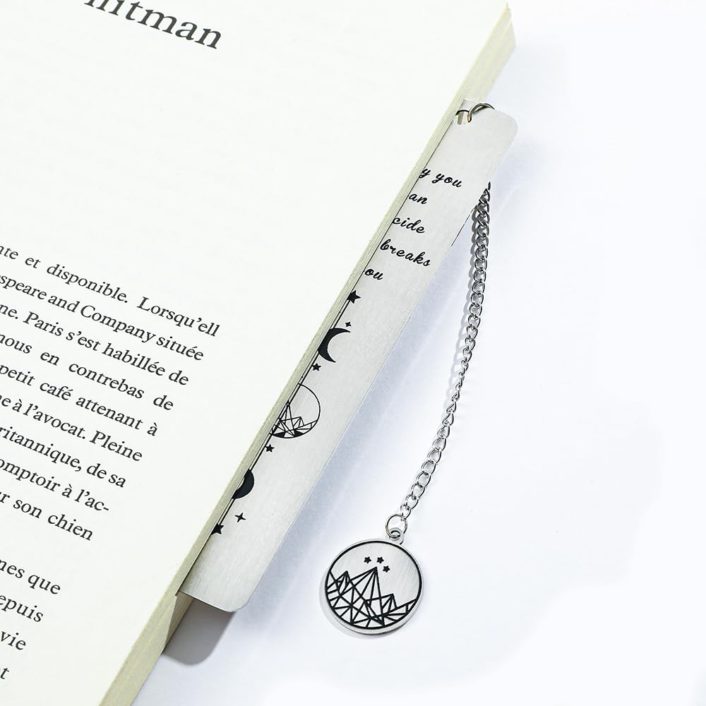 Stainless Steel Acotar Bookmark with Tassel, Acotar Inspirational Creative Moon Mountains Text Book Marks for Reading Women Men Collection, Books Accessories (Silver 1 Side Style 1)