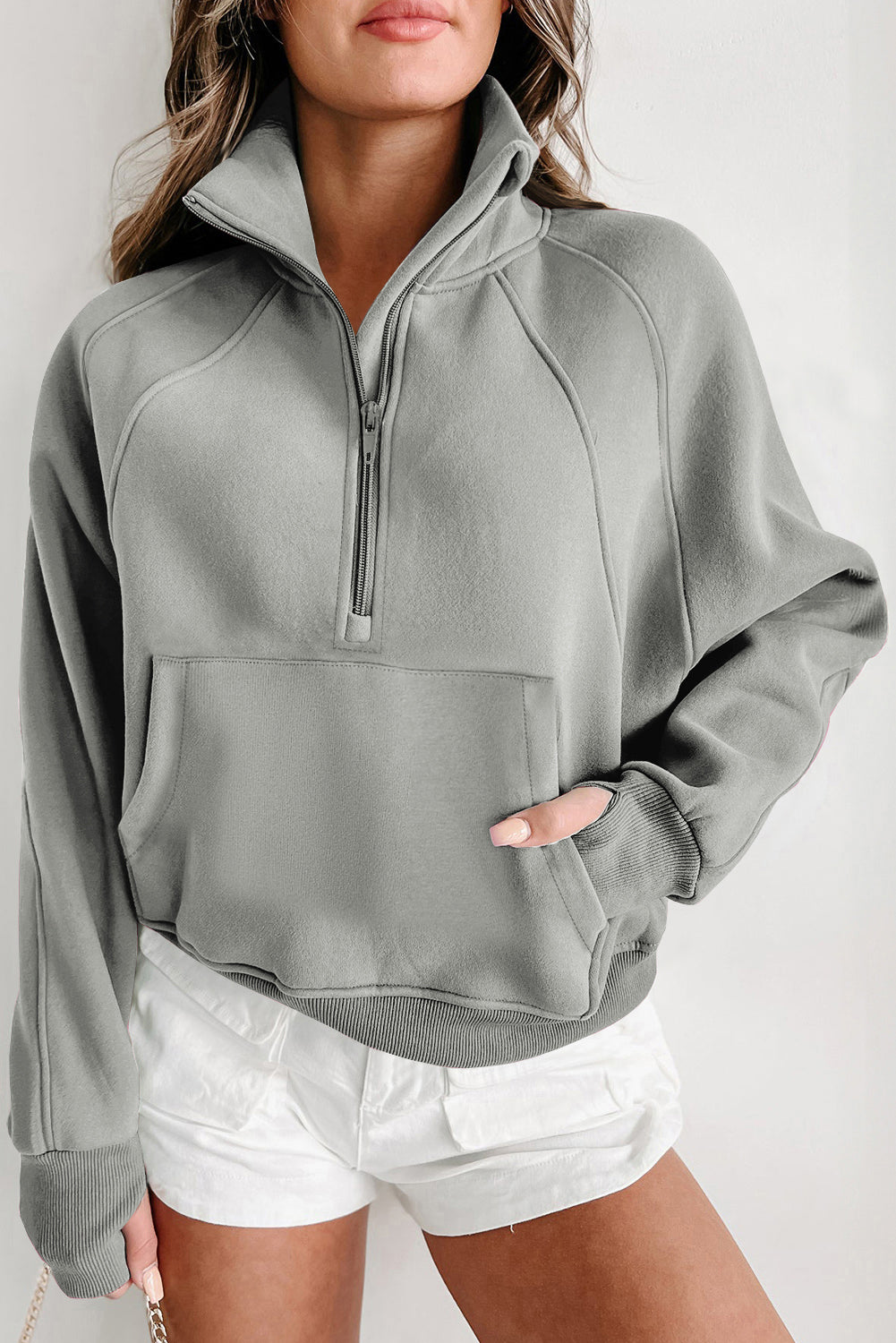 Green Zip Stand Collar Ribbed Thumbhole Sleeve Sweatshirt